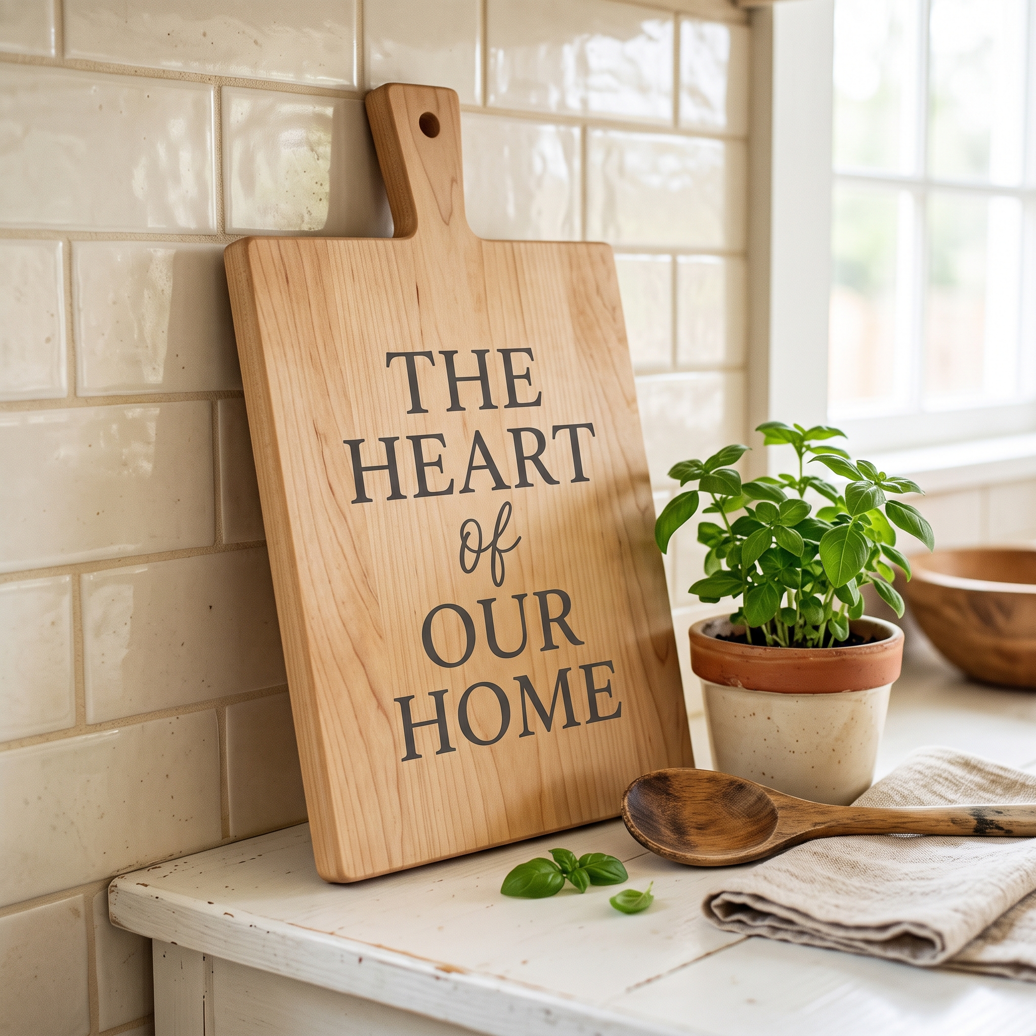 A real Etsy-listing-style printed cutting board with a short warm kitchen phrase in elegant hand-lettering, propped against a tiled backsplash.