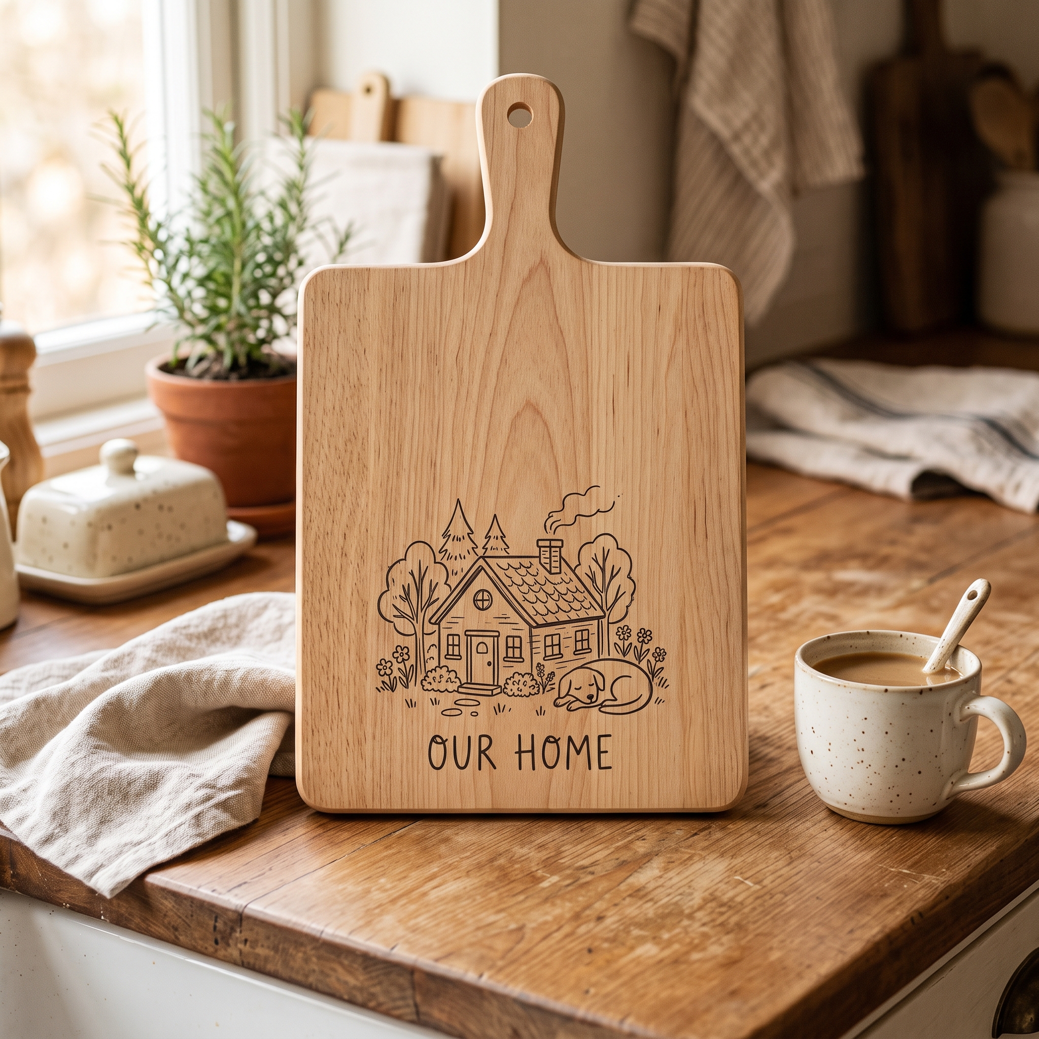 A real Etsy-listing-style printed cutting board with a charming line illustration of a house and a family pet, styled on a wooden counter with a linen towel.