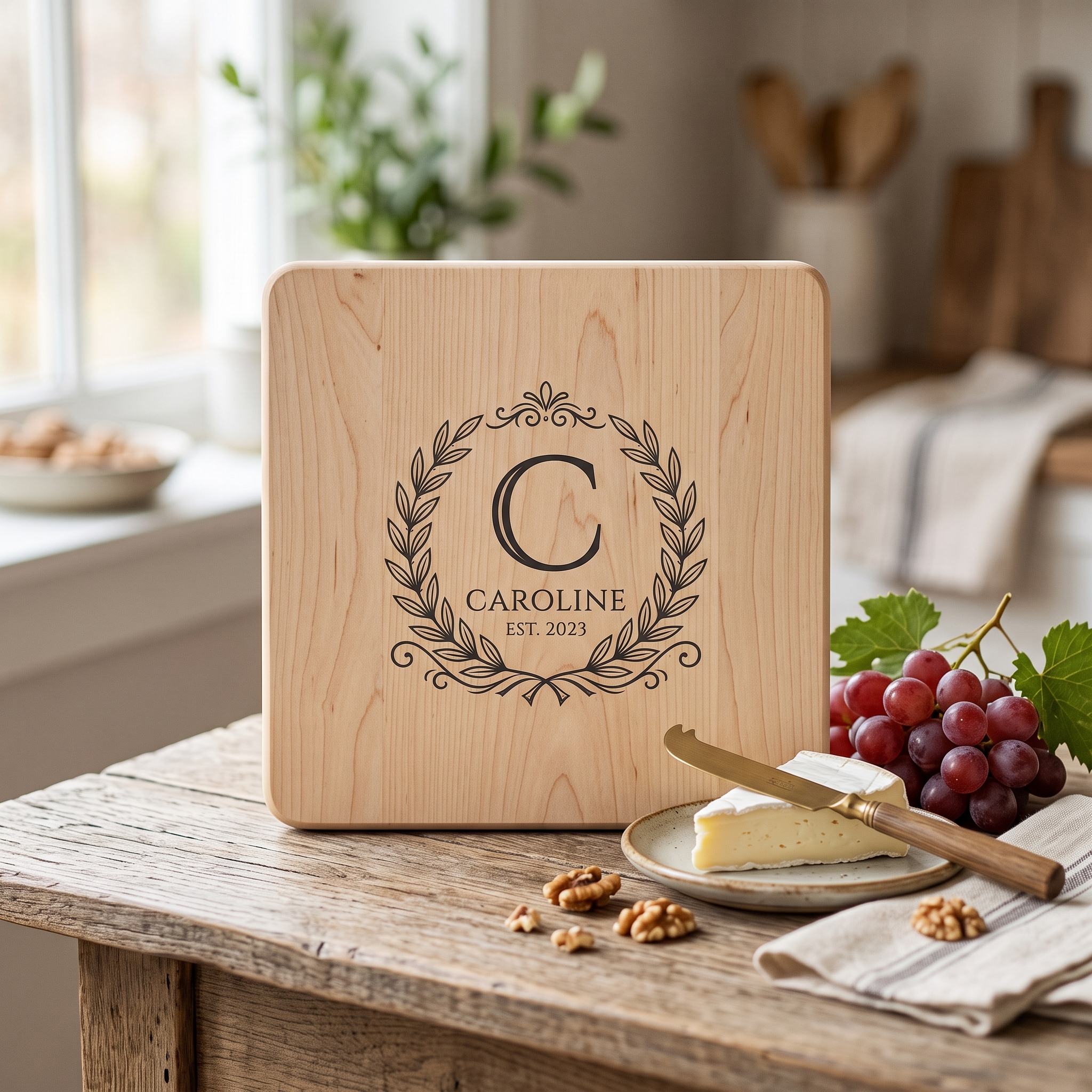 A real Etsy-listing-style printed cutting board with a designed decorative monogram crest โ laurel wreath and initial โ centered on the wood, styled with cheese and grapes.