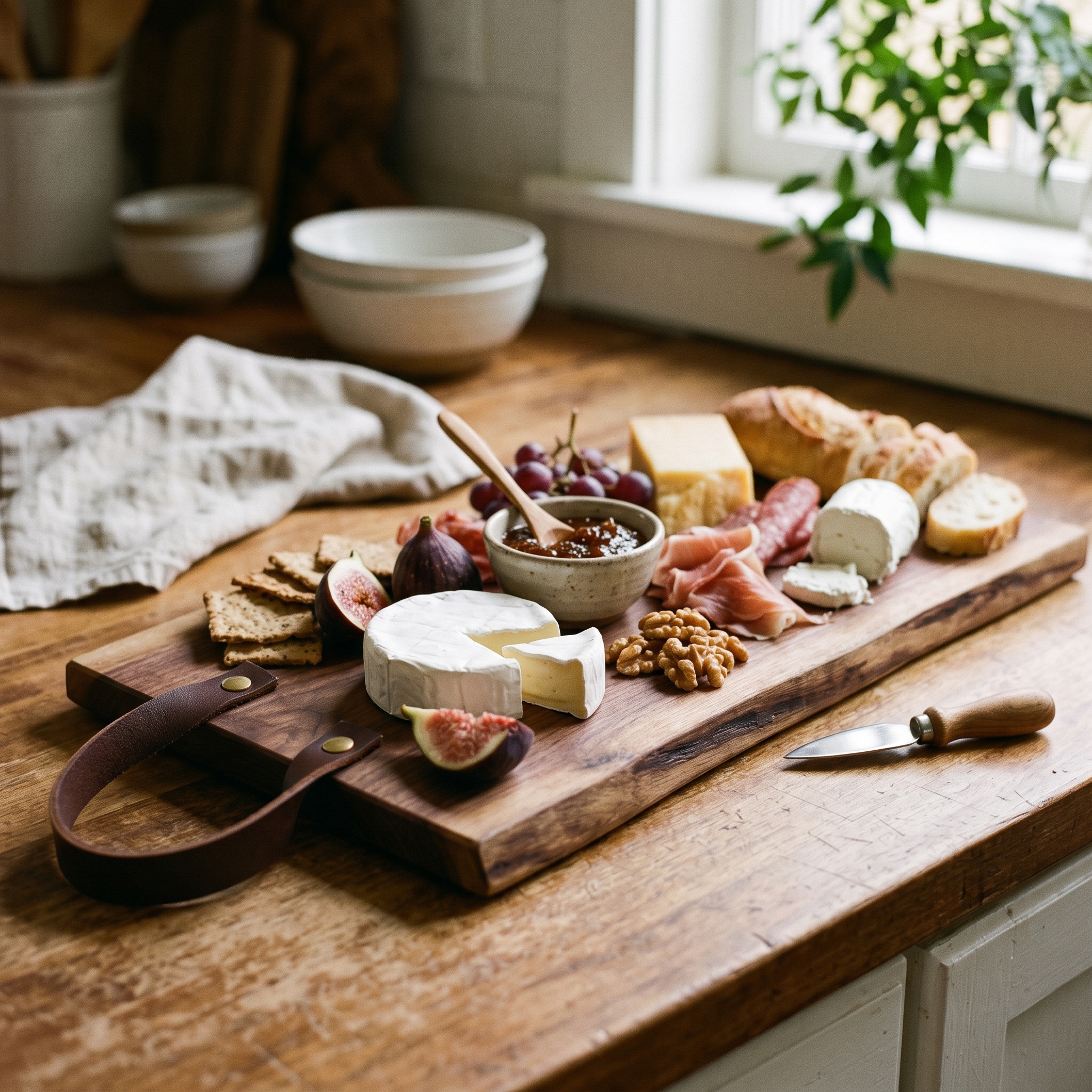 A real Etsy-listing-style plain live-edge walnut serving board with a leather hanging loop, styled with cheeses, figs and a small knife on a warm counter.