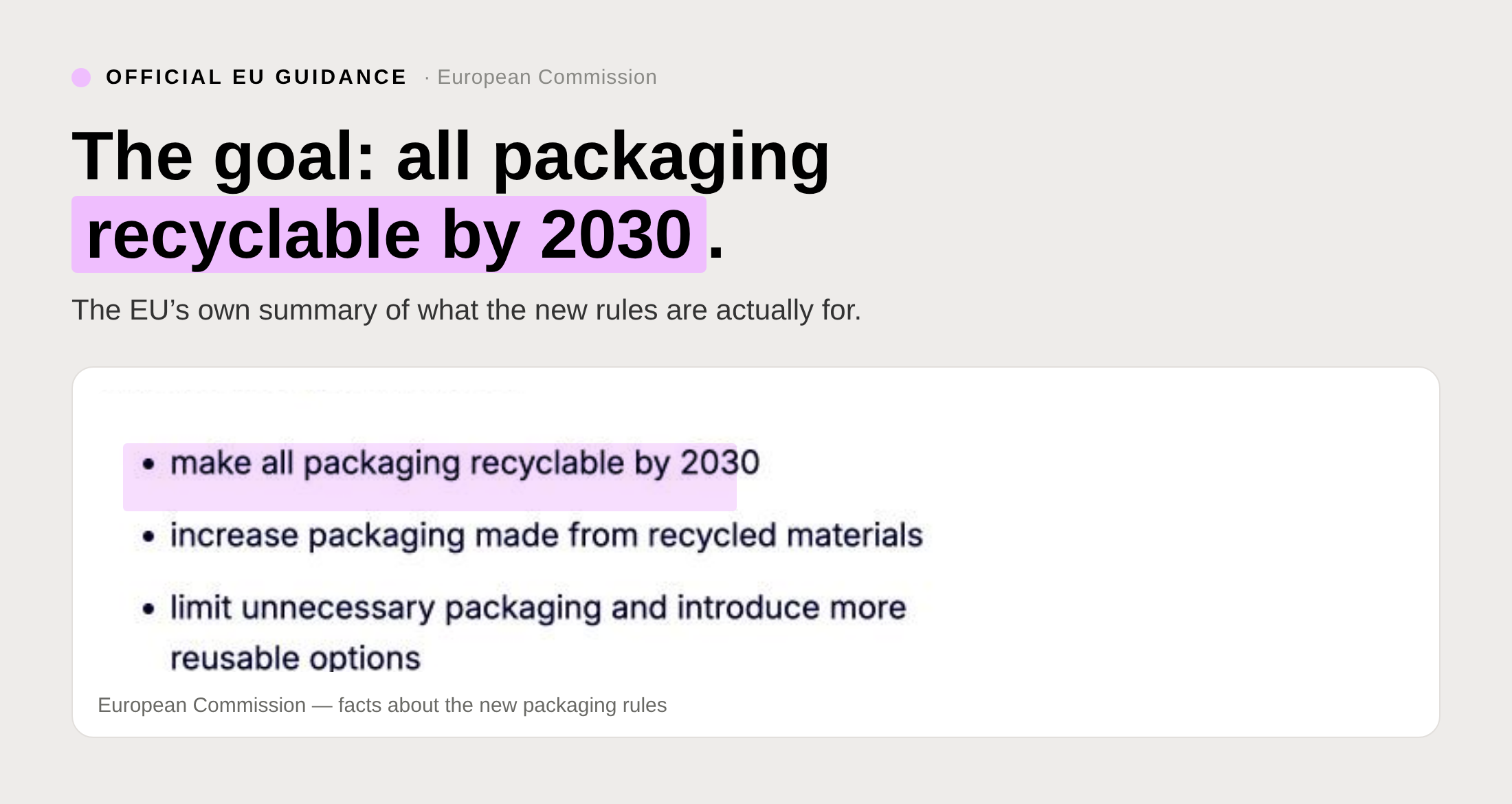 The goal: all packaging recyclable by 2030. From the European Commission's summary of the new rules.
