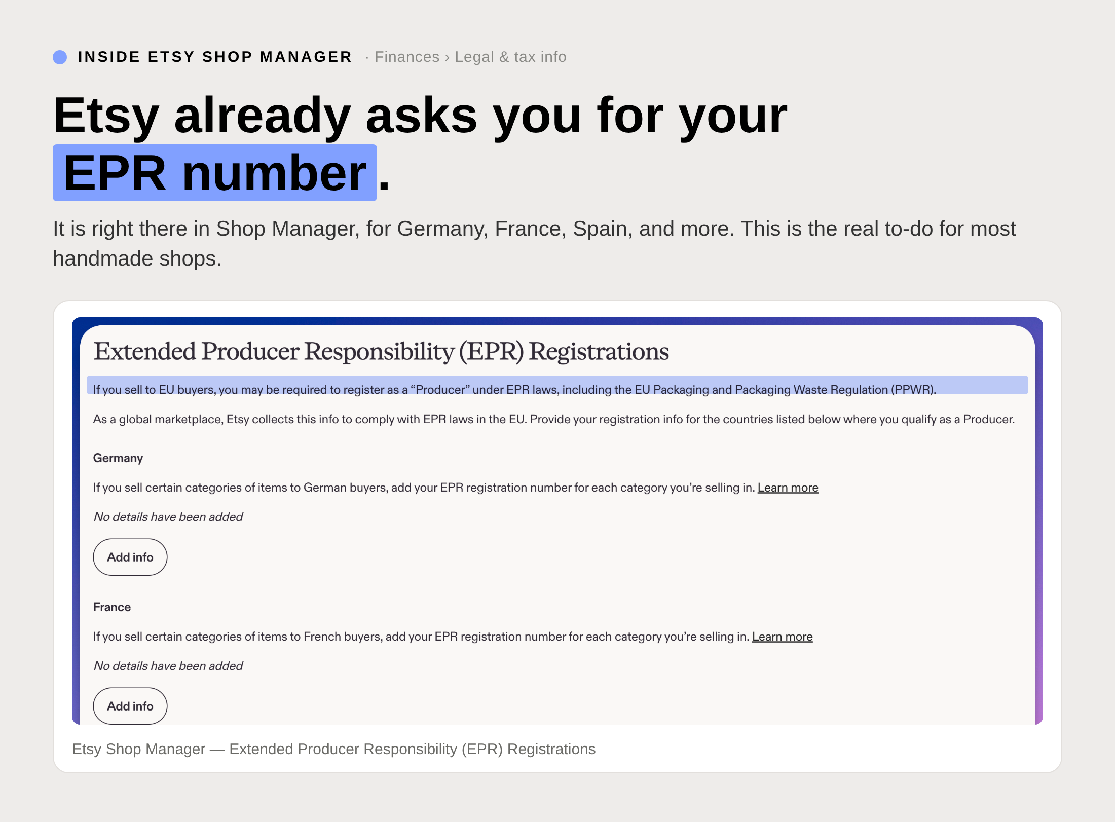 Etsy already asks you for your EPR number. Shop Manager's Extended Producer Responsibility panel lists Germany, France, and Spain and links registration to the EU PPWR.