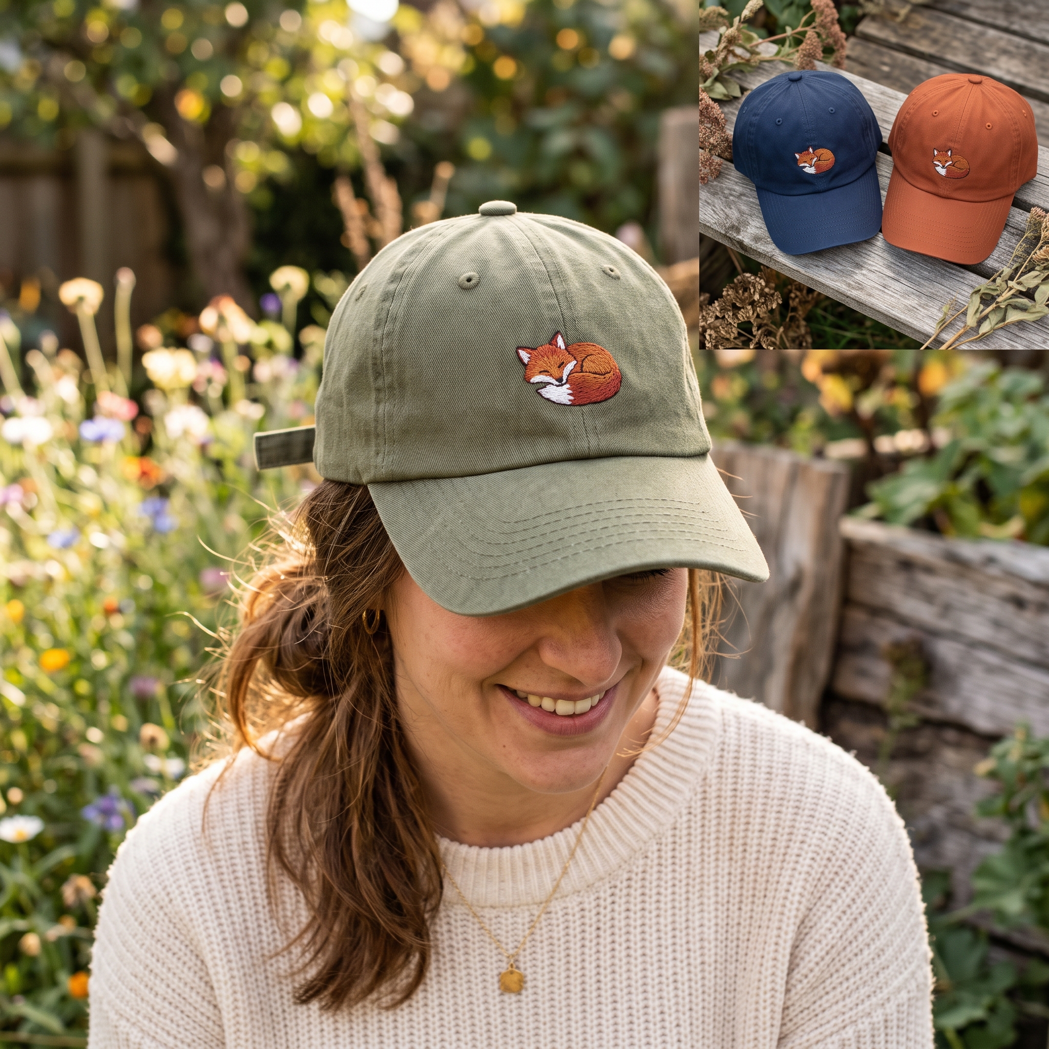 A real Etsy-listing-style embroidered dad cap with a small stitched fox motif on the front, shown worn and in three colorways.