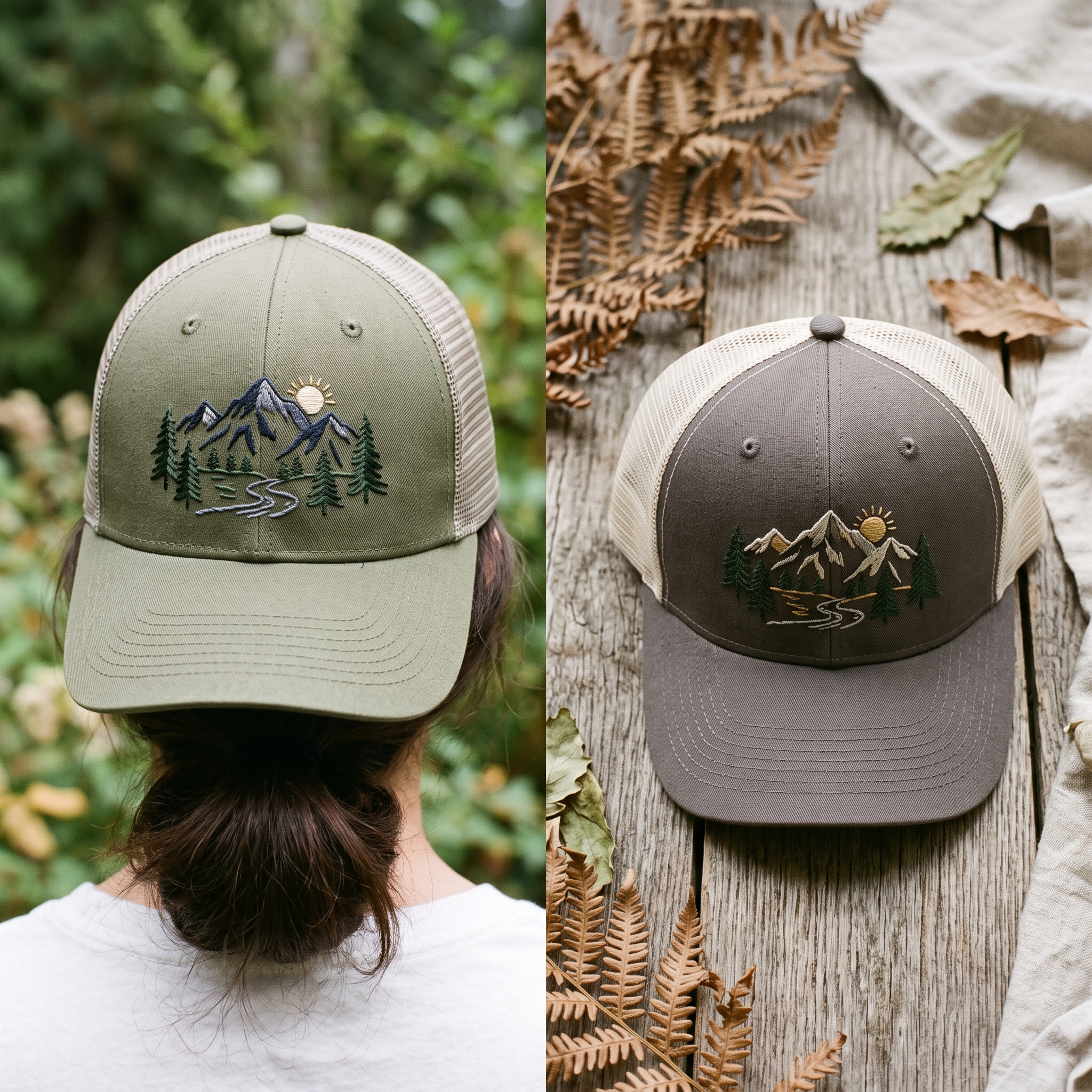 A real Etsy-listing-style embroidered cap with a stitched mountain-range-and-pine scene, shown on a head outdoors and as a color set.