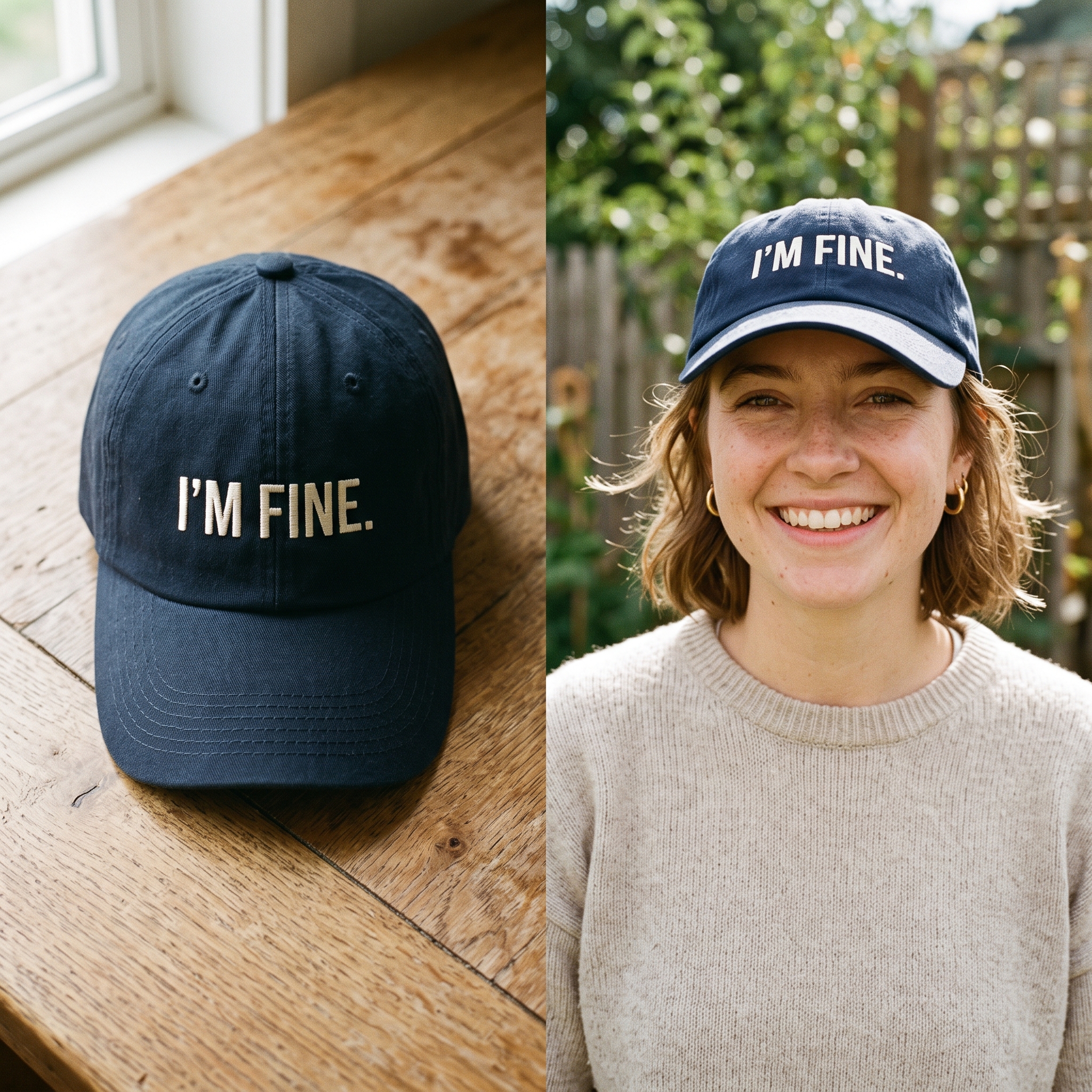A real Etsy-listing-style embroidered cap with a short stitched one-liner joke on the front, shown flat and worn.