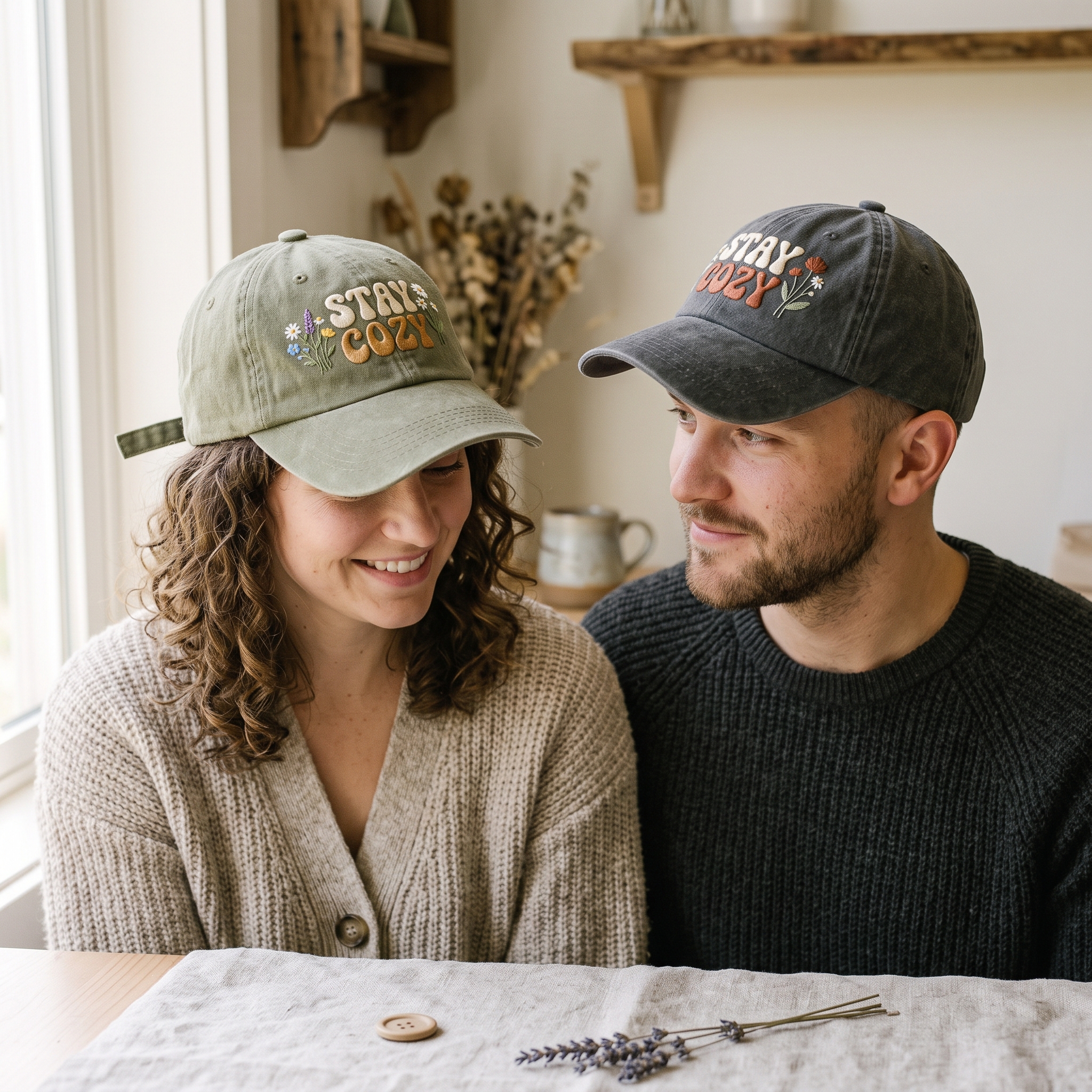 A real Etsy-listing-style embroidered cap with a short warm phrase stitched in a retro font, shown worn and in two colors.