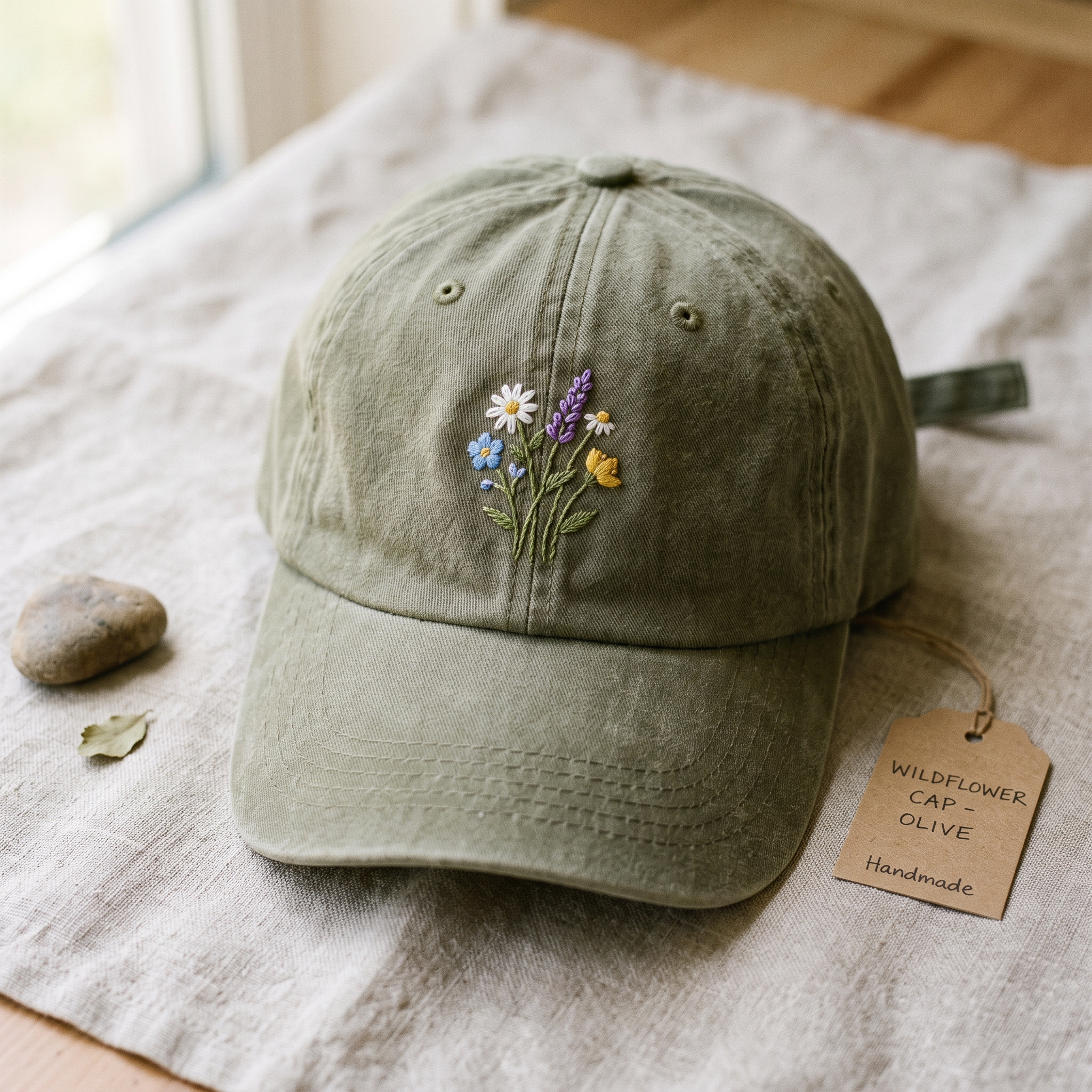 A real Etsy-listing-style embroidered cap with a small stitched wildflower sprig on the front, shown flat and worn.