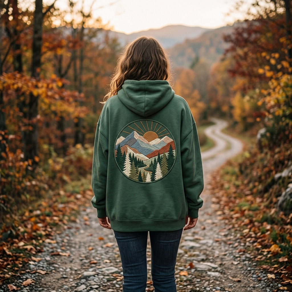 A real Etsy-listing-style example of a nature hoodie: a large embroidered mountain-and-sun scene across the back of a forest-green hoodie.