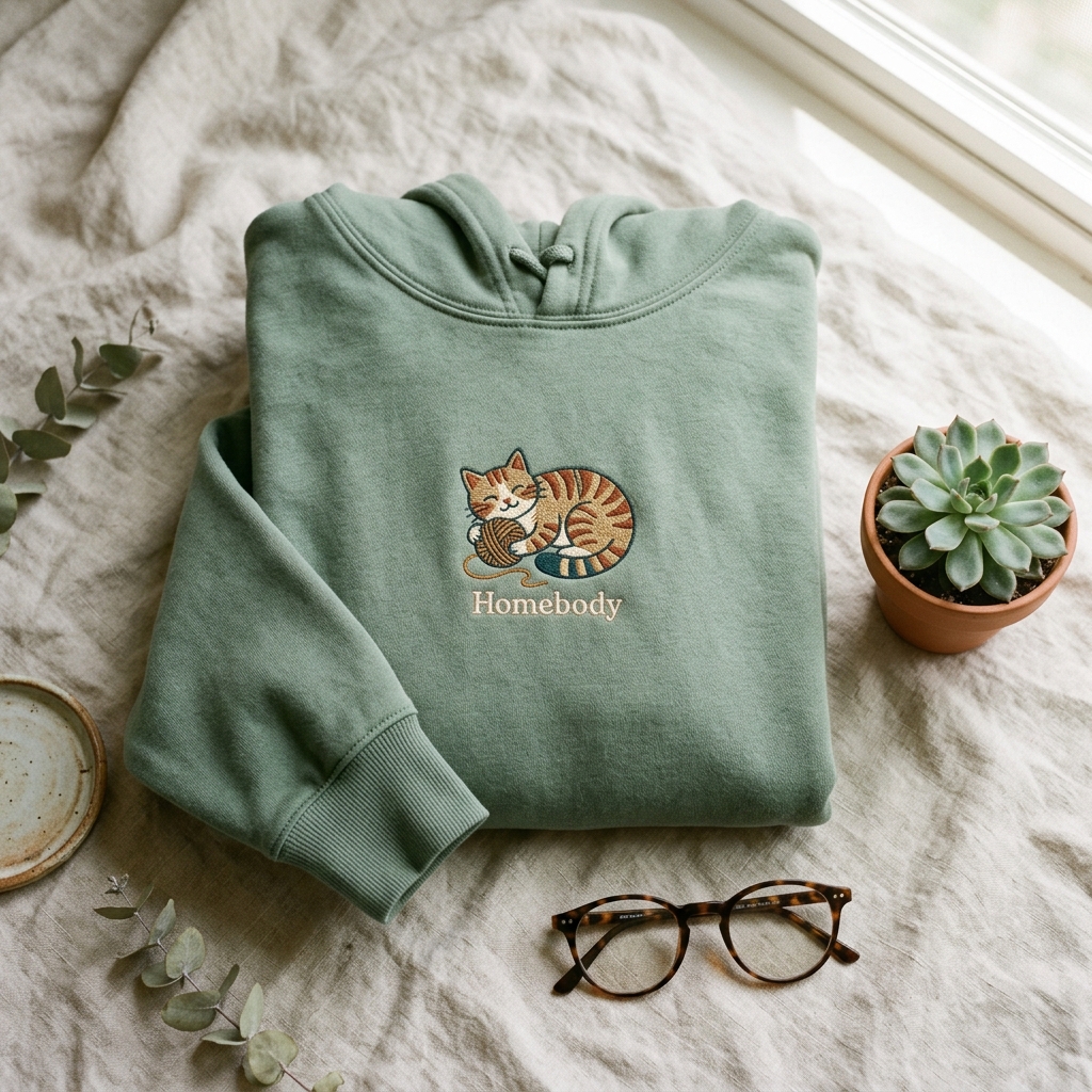 A real Etsy-listing-style example of an animal hoodie: a cute illustrated animal embroidered on the chest of a sage hoodie.