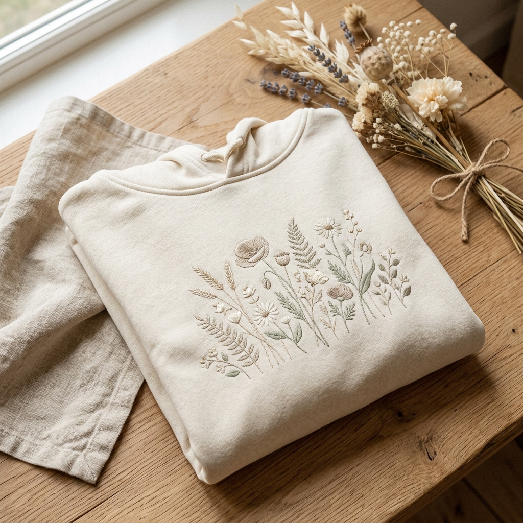 A real Etsy-listing-style example of a floral hoodie: a delicate embroidered wildflower spray on the chest of a cream hoodie.