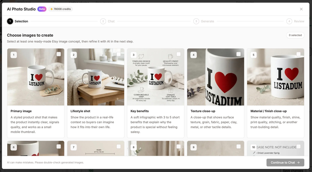 AI Photo Studio image concept picker in the Listadum listing editor, showing primary image, lifestyle, key benefits and texture close-up options