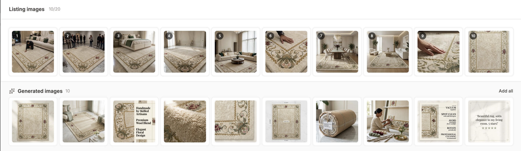 Etsy rug listing gallery before and after AI Photo Studio, top row near-identical floor shots, bottom row a full set with each slot doing a different job