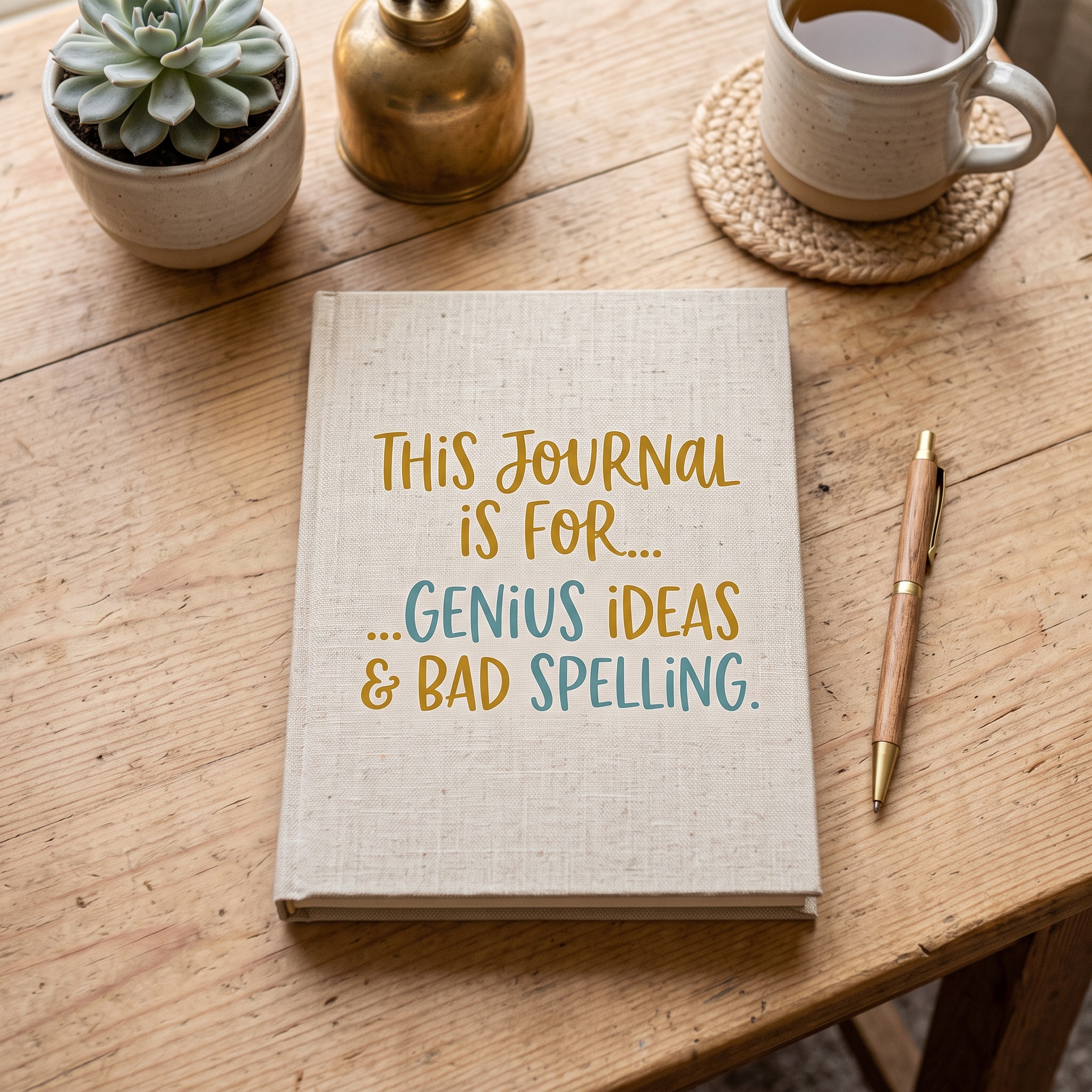 A real Etsy-listing-style photo of a journal lying flat on a desk, its cover printed with a short funny hand-lettered phrase, mug and pen nearby.