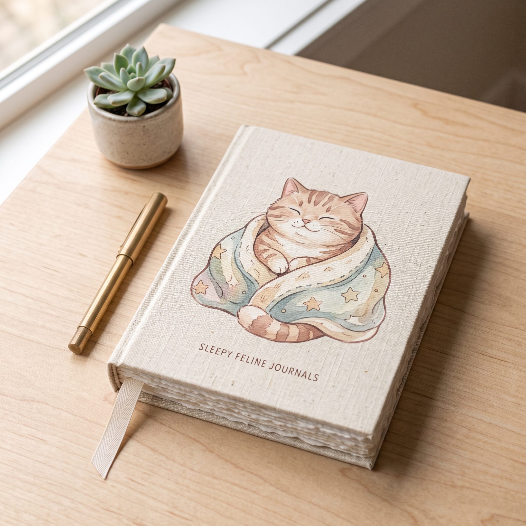 A real Etsy-listing-style photo of a journal lying flat, its cover showing a single charming illustrated animal character in soft colors, on a cozy neutral desk.