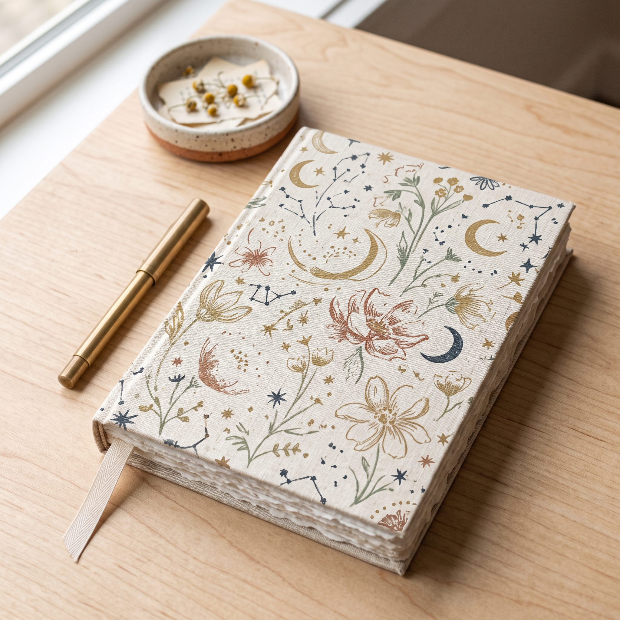 A real Etsy-listing-style photo of a journal lying flat, its cover a repeating hand-drawn pattern in muted tones, styled on a clean desk with a plant.
