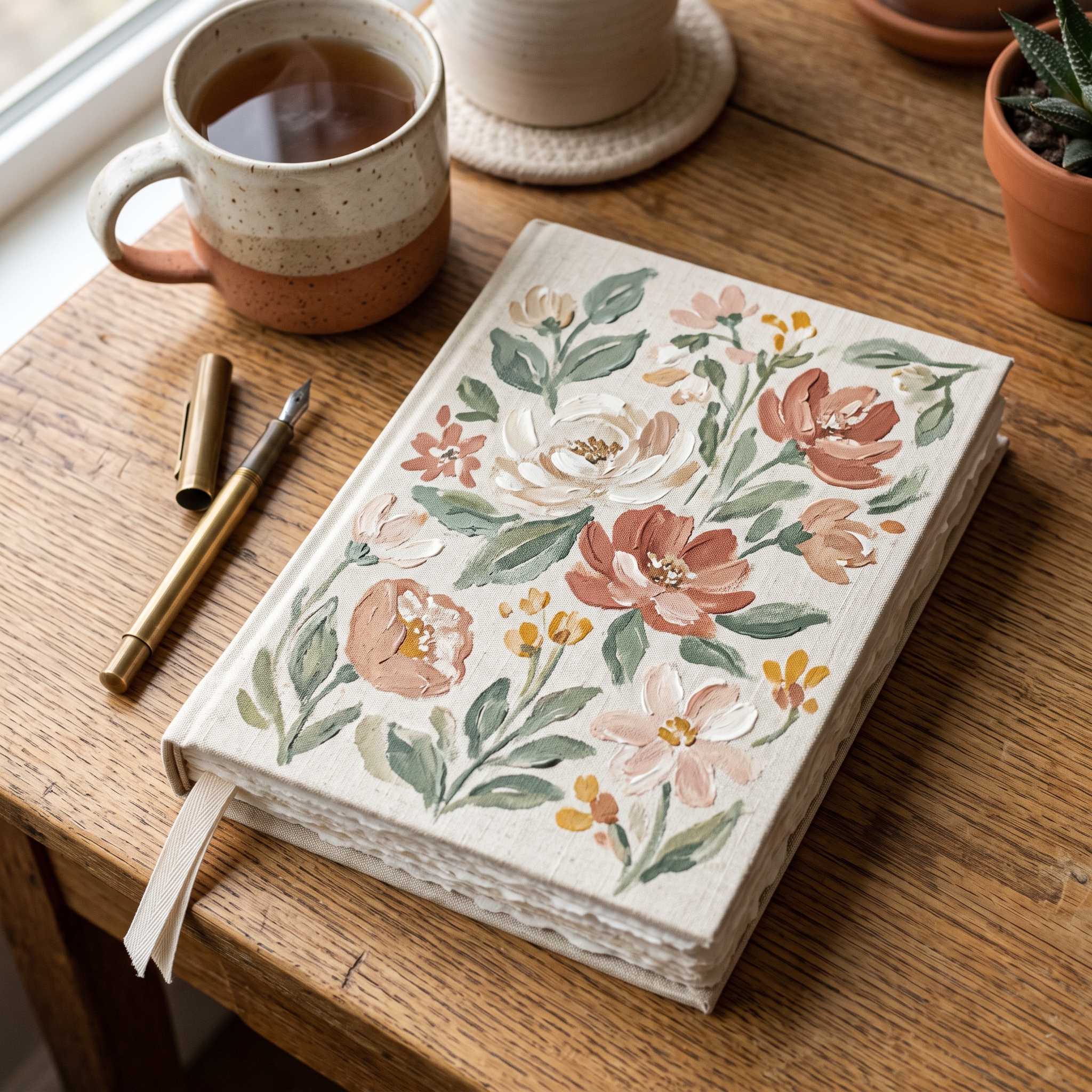A real Etsy-listing-style photo of a journal lying flat, its cover a loose hand-painted floral in muted tones, on a warm neutral desk with a cup.