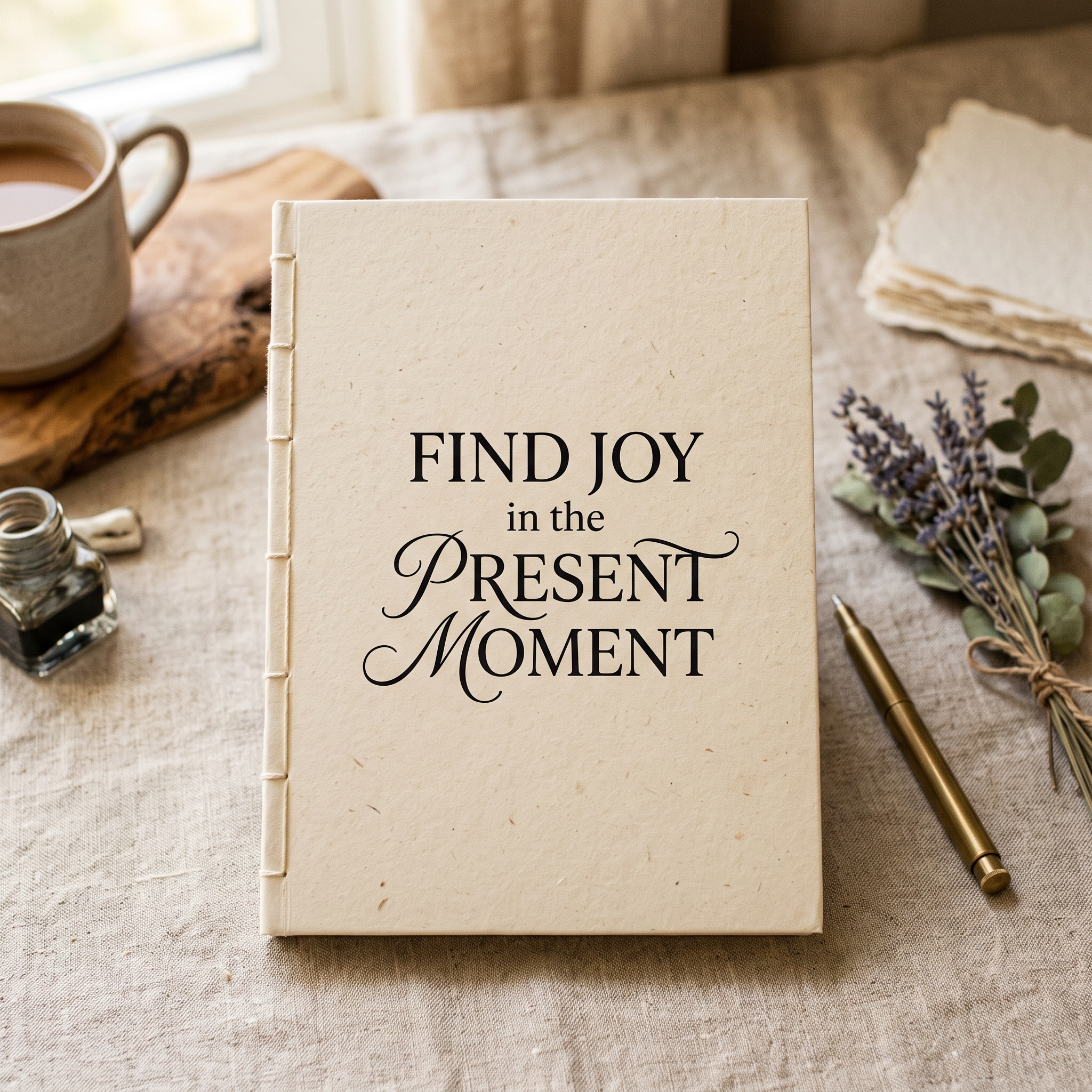 A real Etsy-listing-style photo of a journal lying flat, its cover set with a short warm phrase in elegant serif-and-script lettering, styled on a calm desk.
