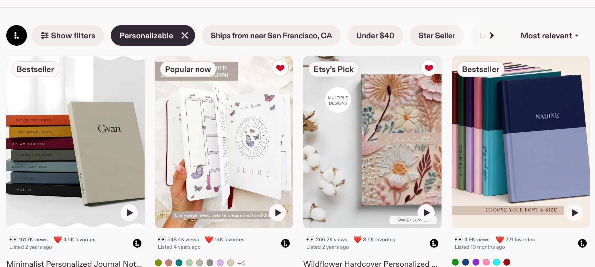 A row of Etsy journal listings with the Listadum browser extension showing views and favorites on each card.