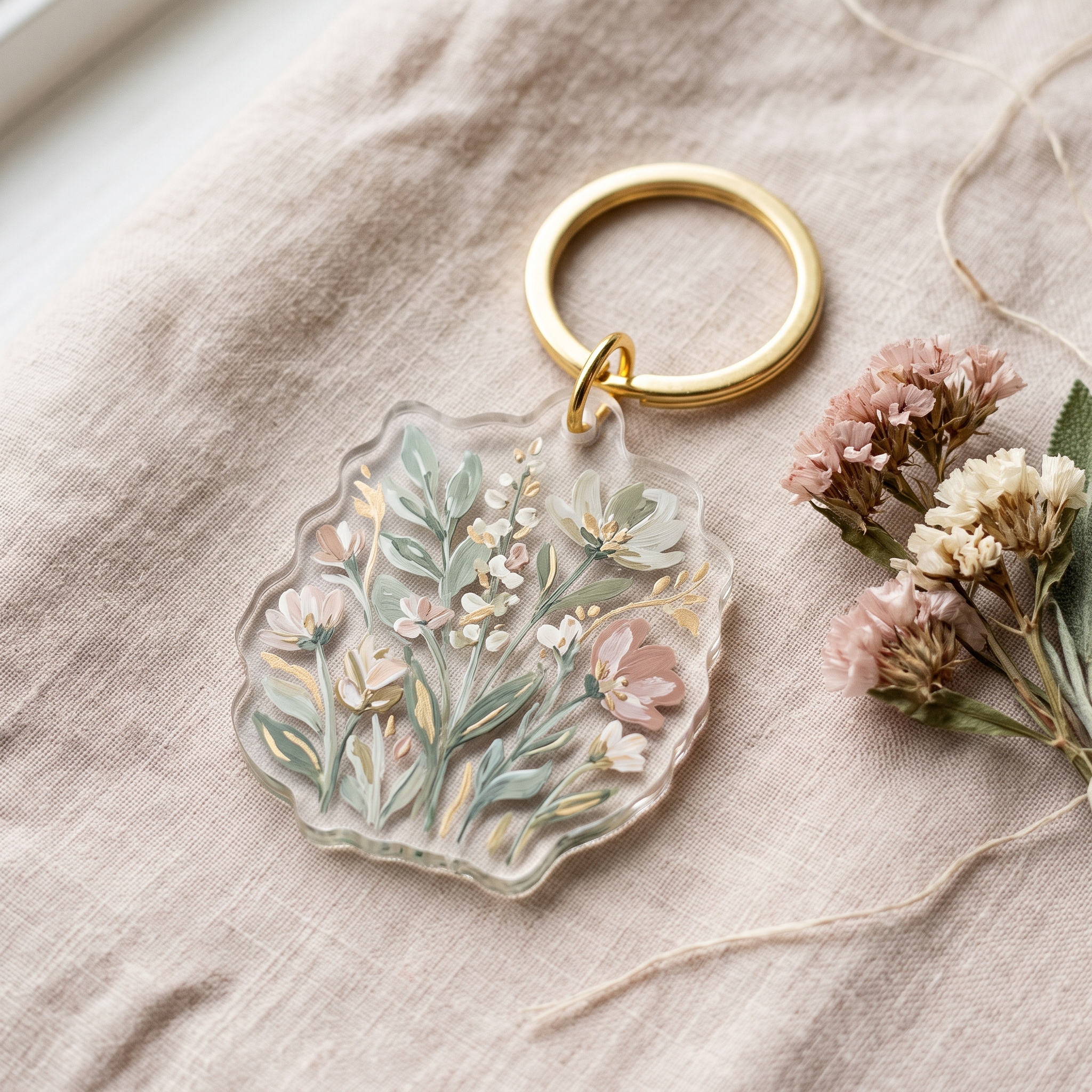 A real Etsy-listing-style flat-lay of an illustrated floral acrylic keychain — a loose painterly bloom die-cut on clear acrylic — on a soft linen background with a gold ring.