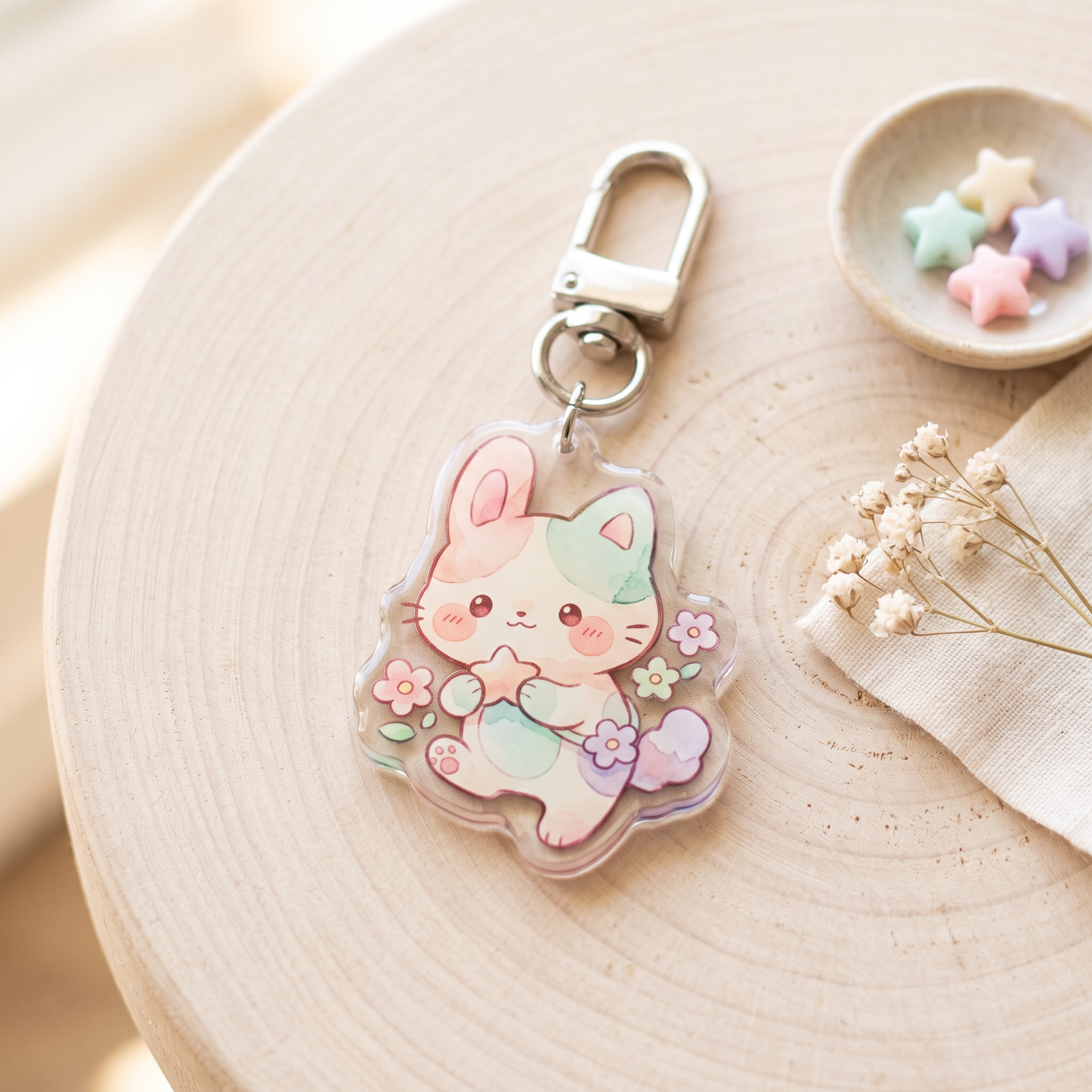 A real Etsy-listing-style flat-lay of a small illustrated kawaii character acrylic keychain in soft pastels on a clean background with a clasp.
