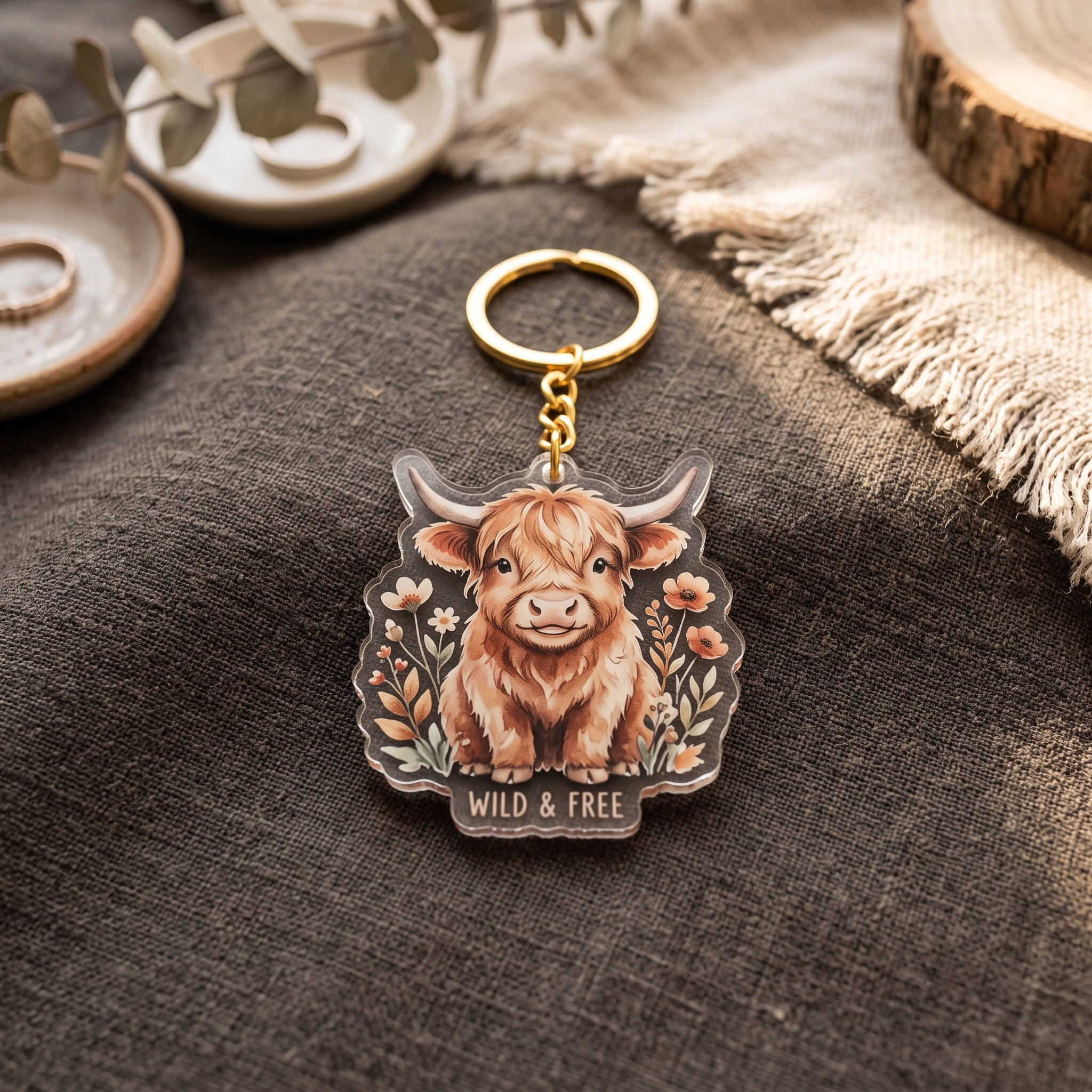 A real Etsy-listing-style flat-lay of a whimsical illustrated animal acrylic keychain — a small folk-style creature — on a warm neutral surface with a keyring.
