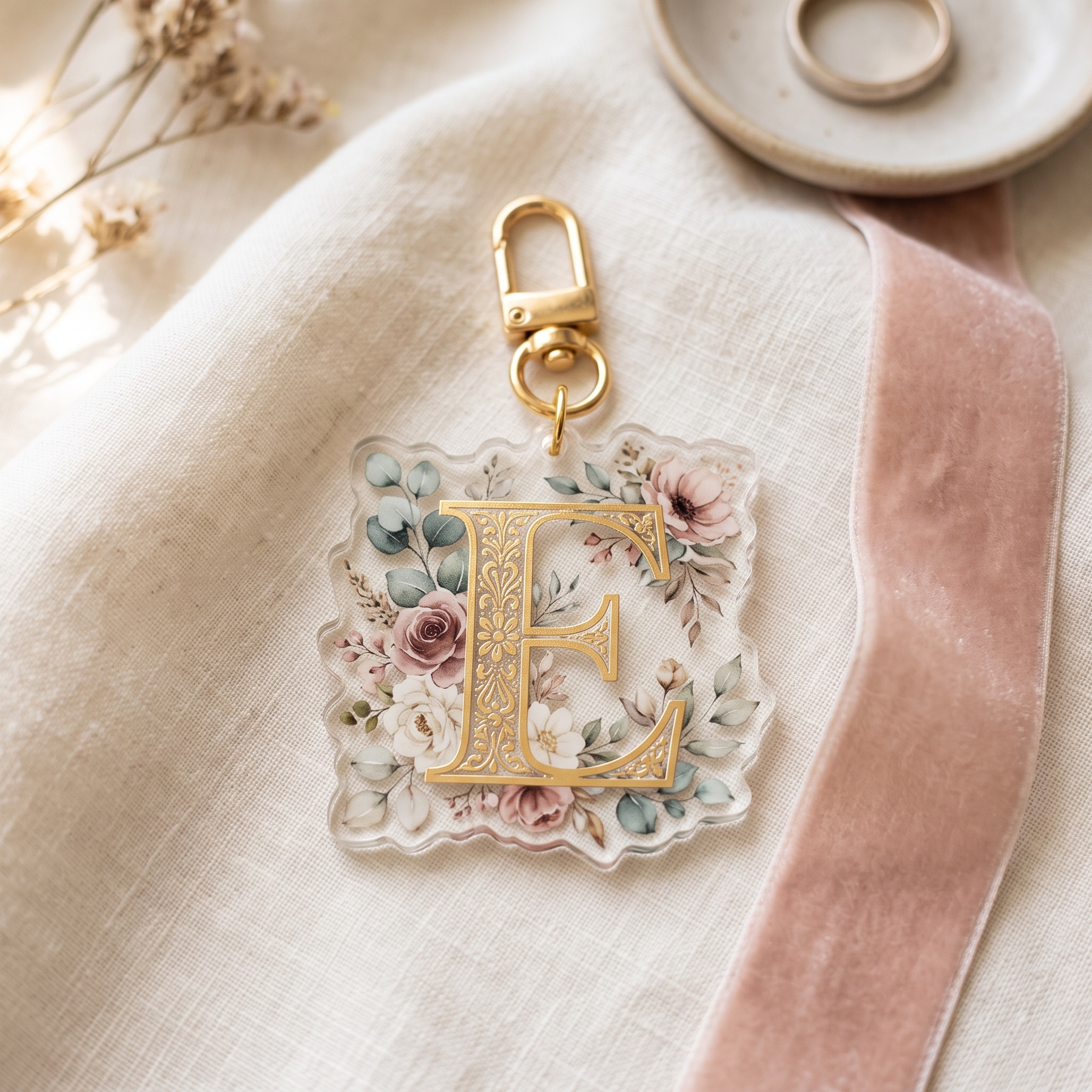 A real Etsy-listing-style flat-lay of a decorative floral-initial acrylic keychain — a single ornate letter framed with small blooms — on a soft background with a gold clasp.