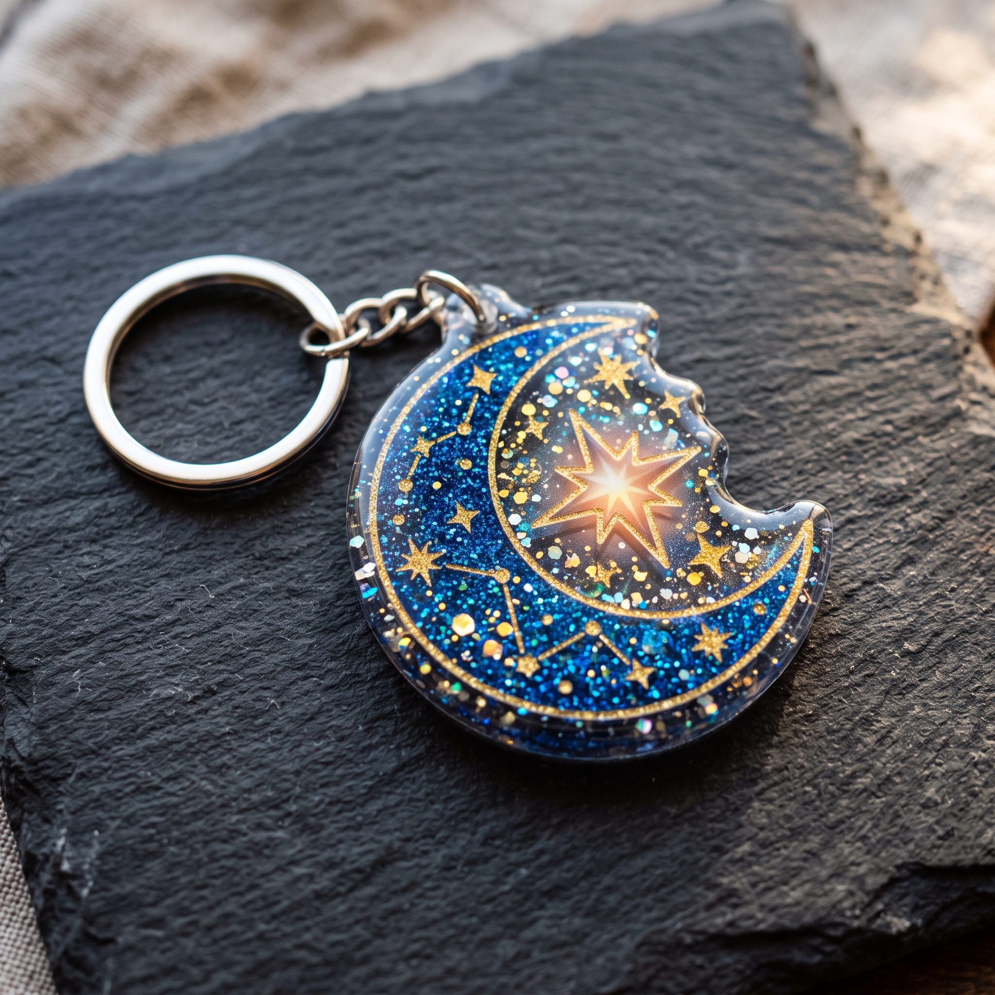 A real Etsy-listing-style flat-lay of a dimensional-looking illustrated acrylic keychain designed to mimic a glittery resin charm, on a clean background.