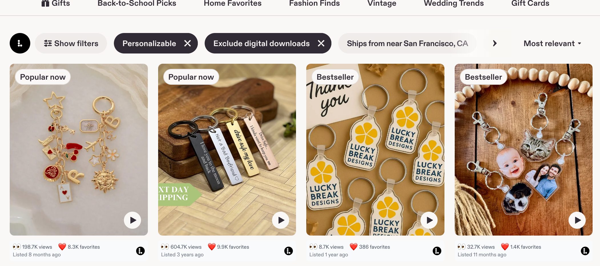 A row of Etsy keychain listings with the Listadum browser extension showing views and favorites on each card.