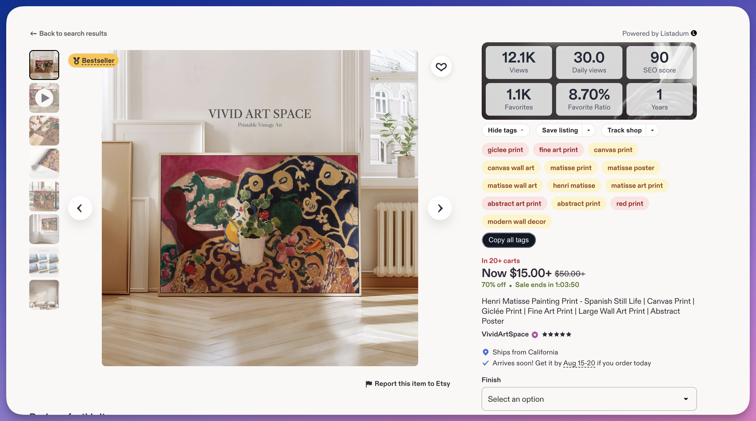 Listadum's Chrome extension analyzing a single Etsy listing: SEO score, tags, and one-click save and track