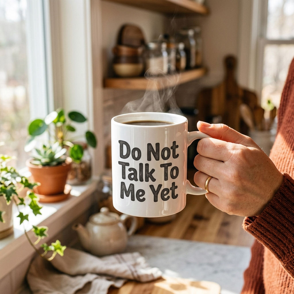 A real Etsy-listing-style example of a funny mug: a short sarcastic one-liner printed big on a glossy white mug, held in hand.