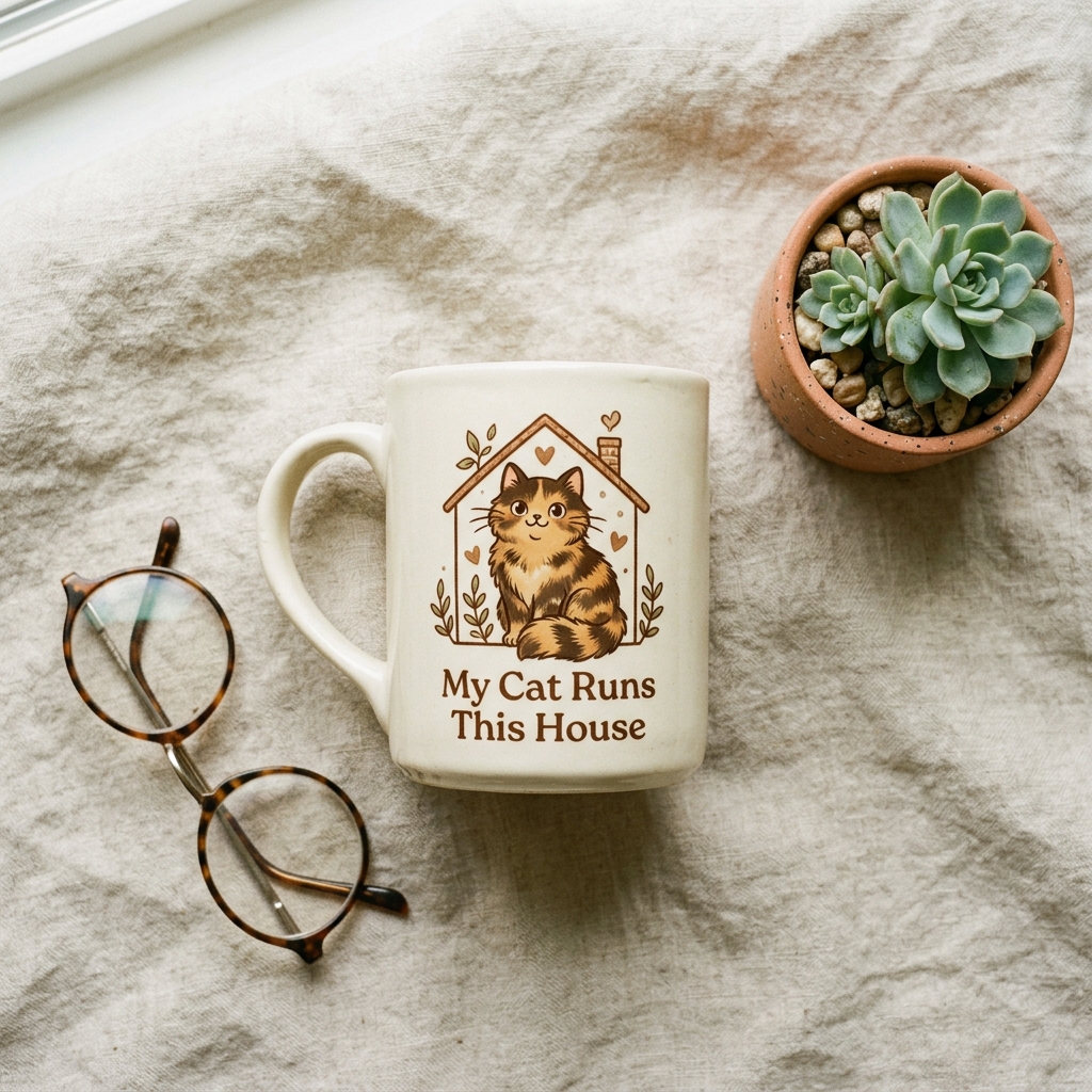 A real Etsy-listing-style example of an animal mug: a cute illustrated animal with a warm caption, styled with props on a linen surface.