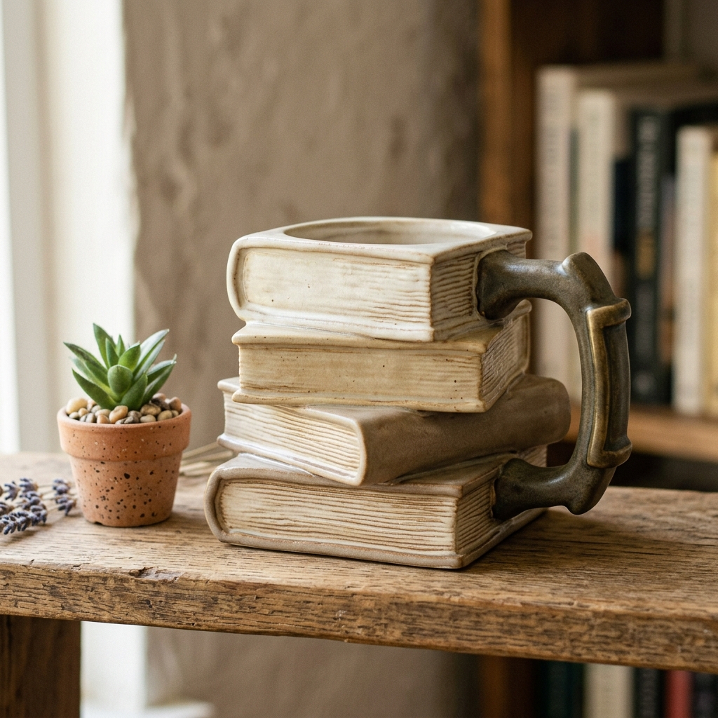 A real Etsy-listing-style example of a novelty mug: a sculptural or unusually shaped ceramic mug as the product itself, styled on a shelf.