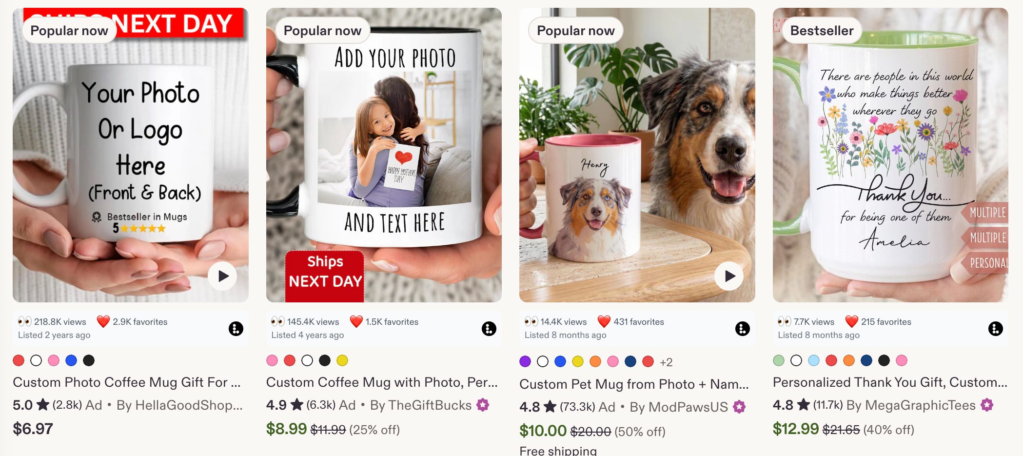 A row of Etsy mug listings with the Listadum browser extension showing views and favorites on each card.