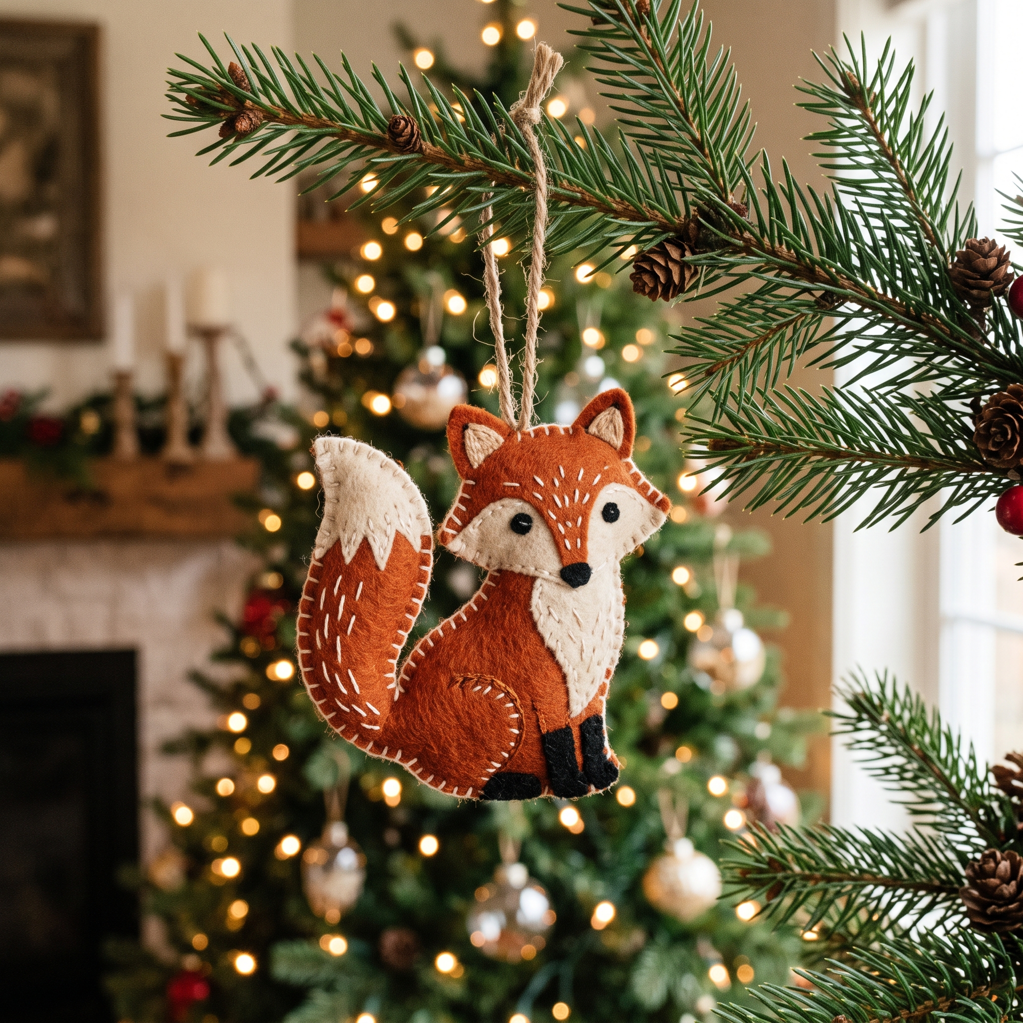 A real Etsy-listing-style embroidered felt fox ornament with visible stitching, hung on a pine branch in warm holiday light.