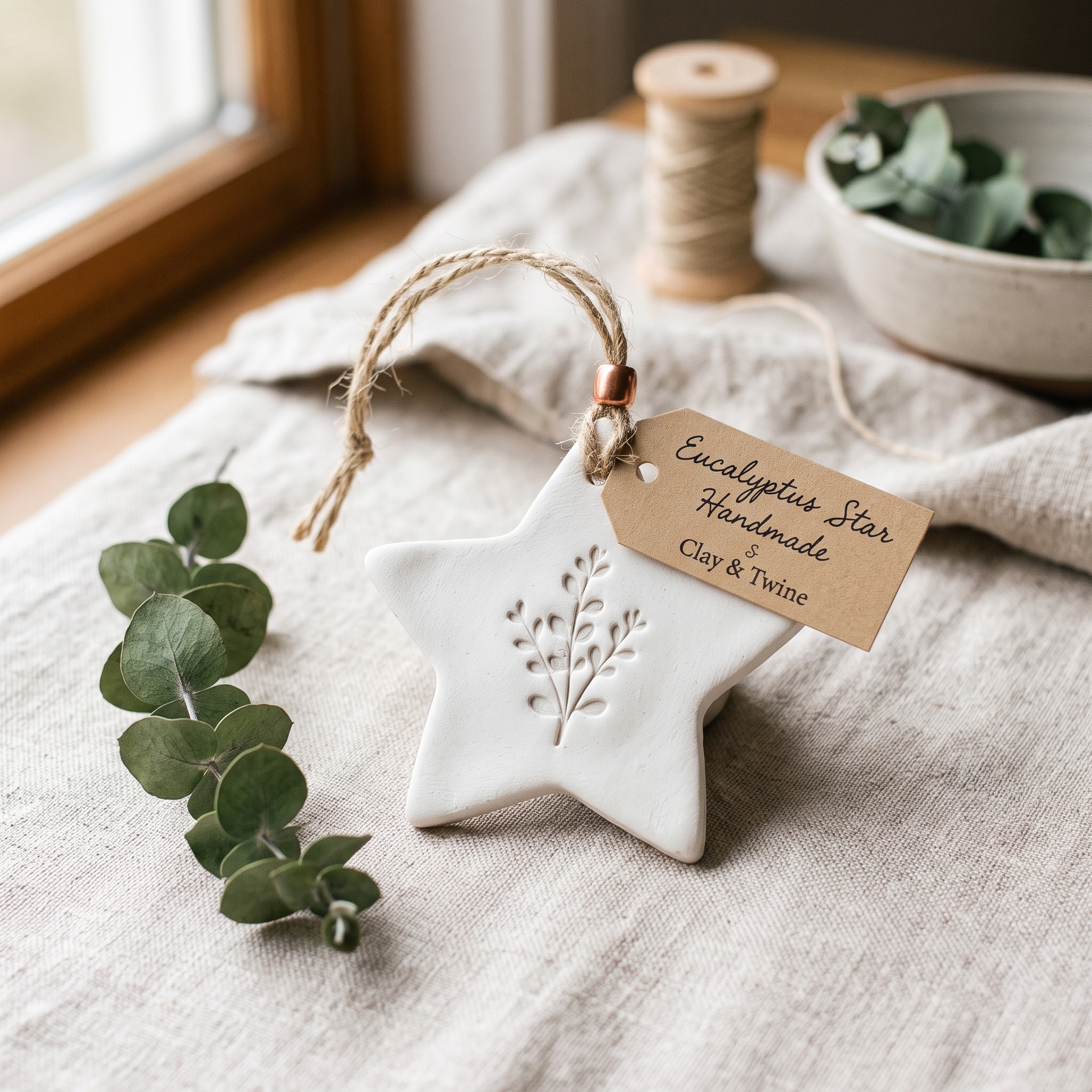 A real Etsy-listing-style hand-stamped white clay star ornament with an imprinted botanical sprig, styled on a linen surface.