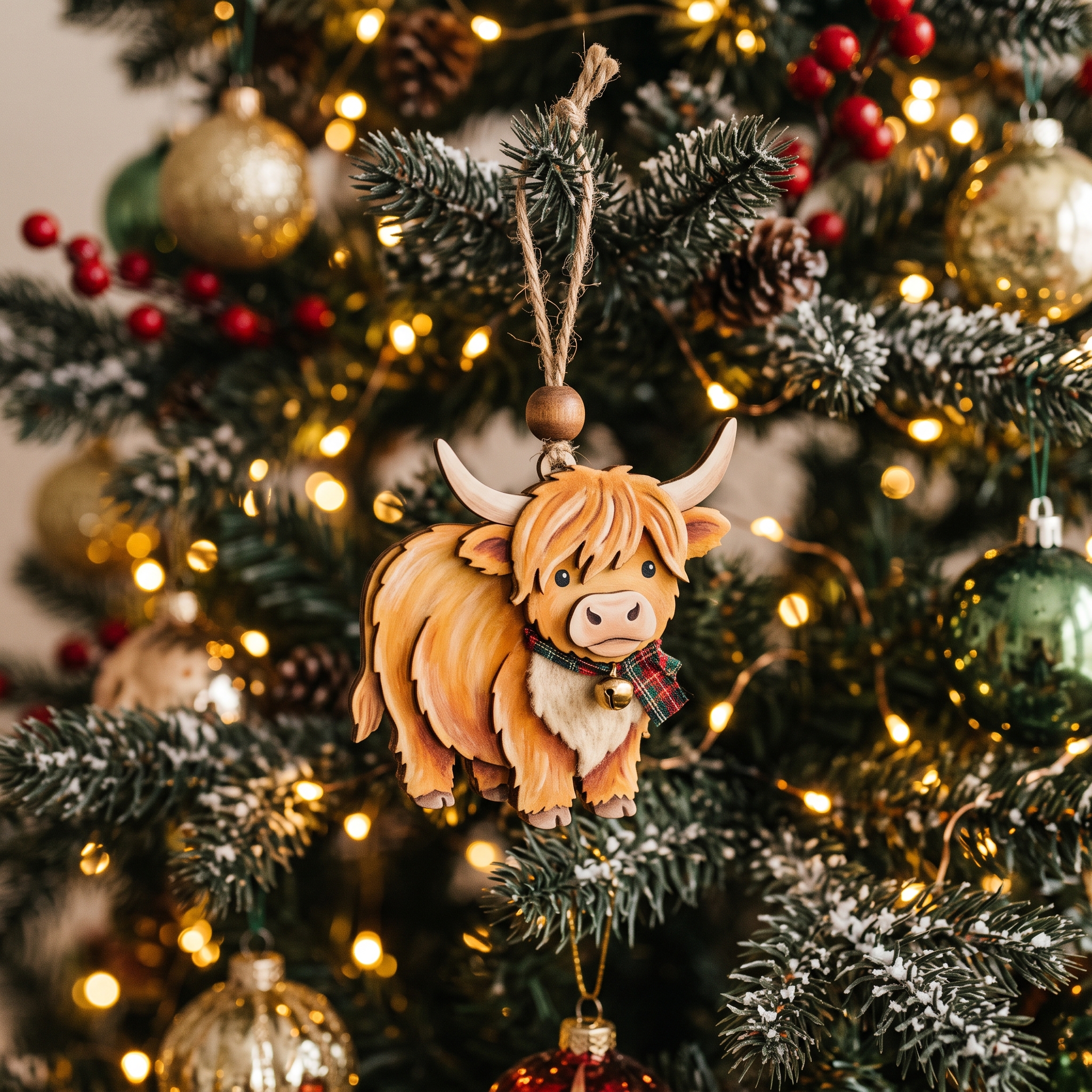 A real Etsy-listing-style dimensional illustrated ornament of a plump highland cow with soft shading that reads as 3D, hanging on a tree.