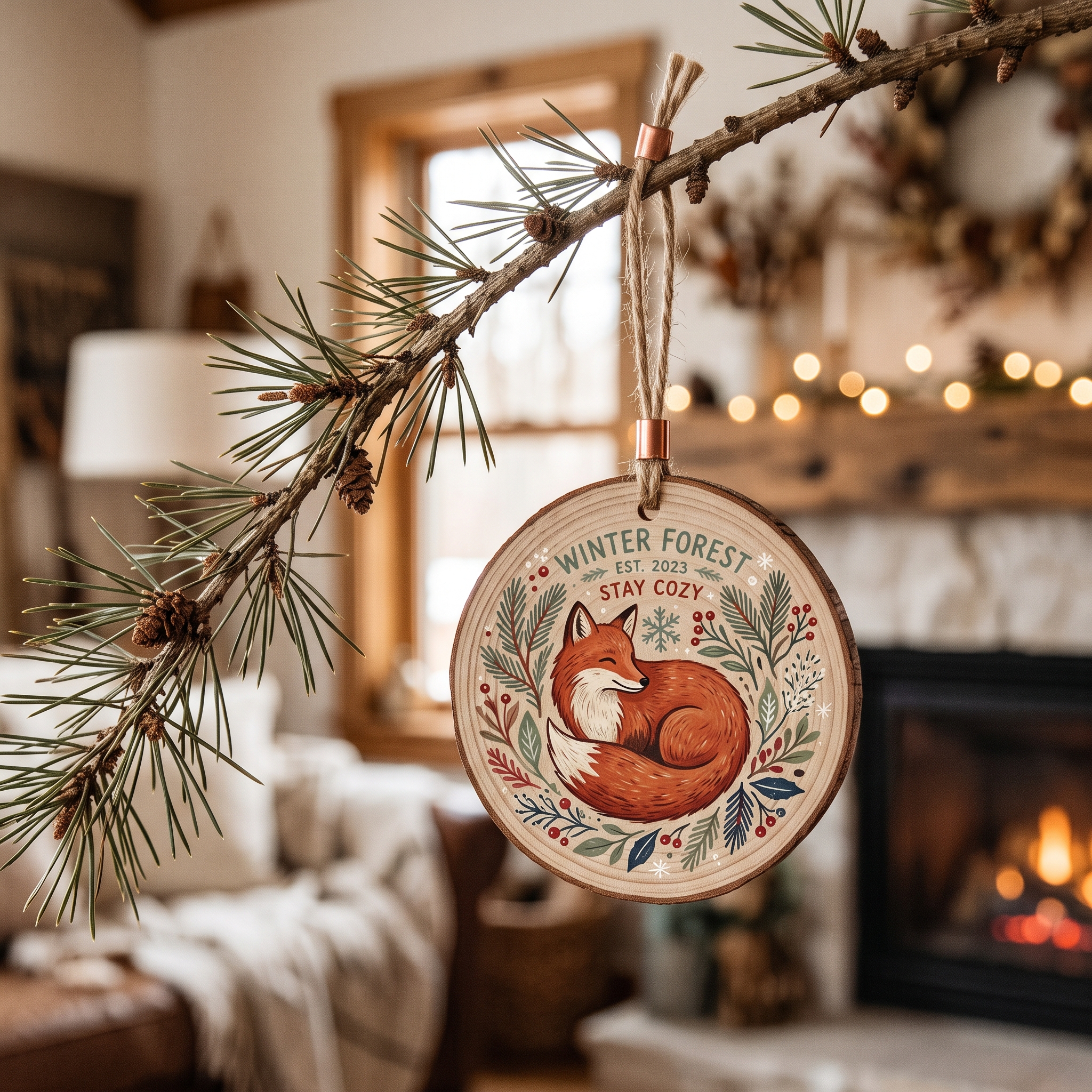 A real Etsy-listing-style illustrated ornament of a hand-drawn winter fox among pine sprigs, printed on a wood-look round, styled on a branch.