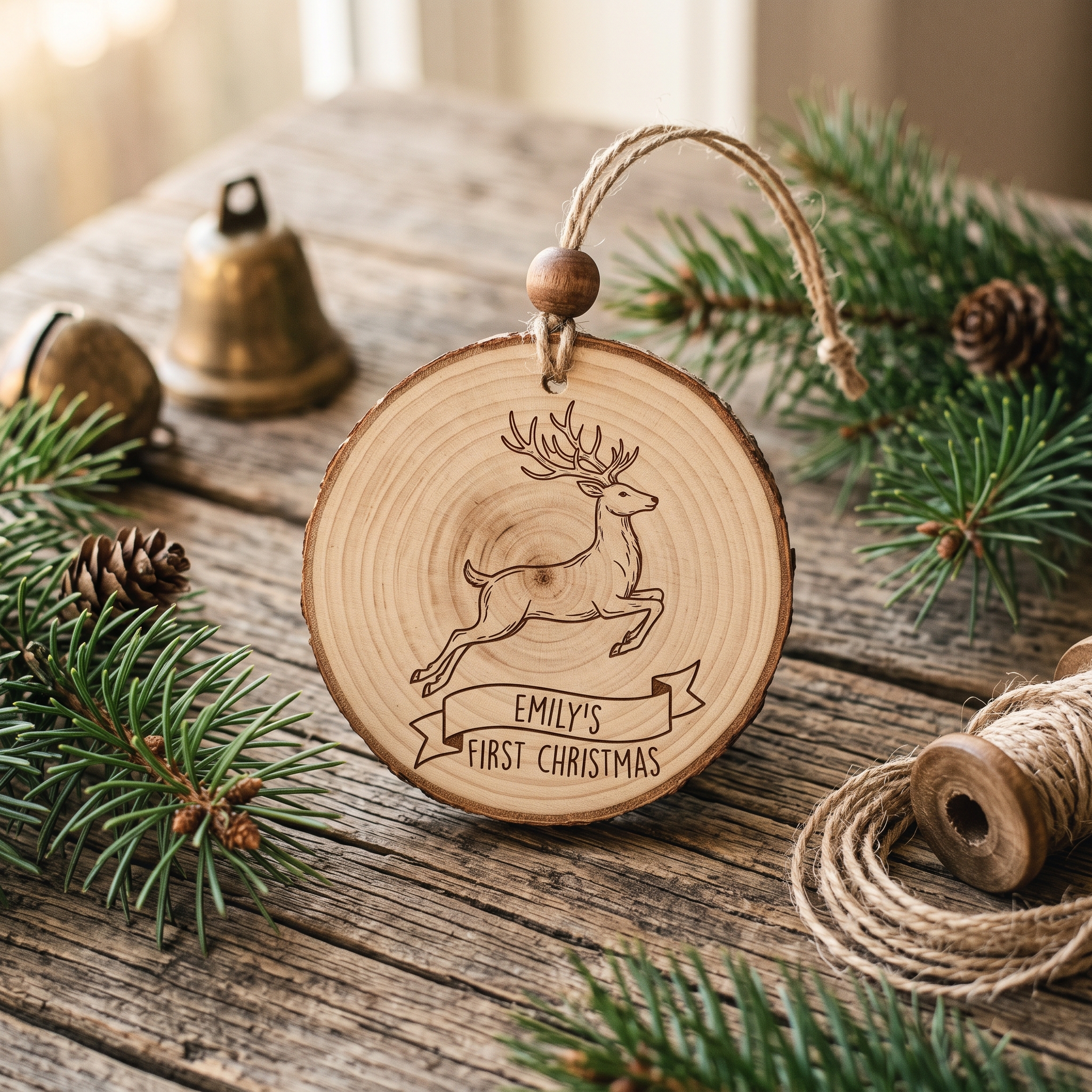 A real Etsy-listing-style engraved wood ornament with a fine line-art deer and a small name banner, warm grain visible, on a rustic table.