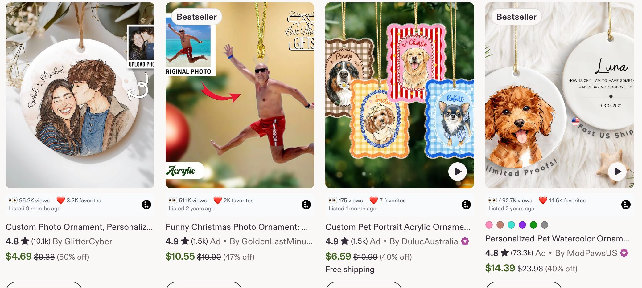 A row of Etsy ornament listings with the Listadum browser extension showing views and favorites on each card.