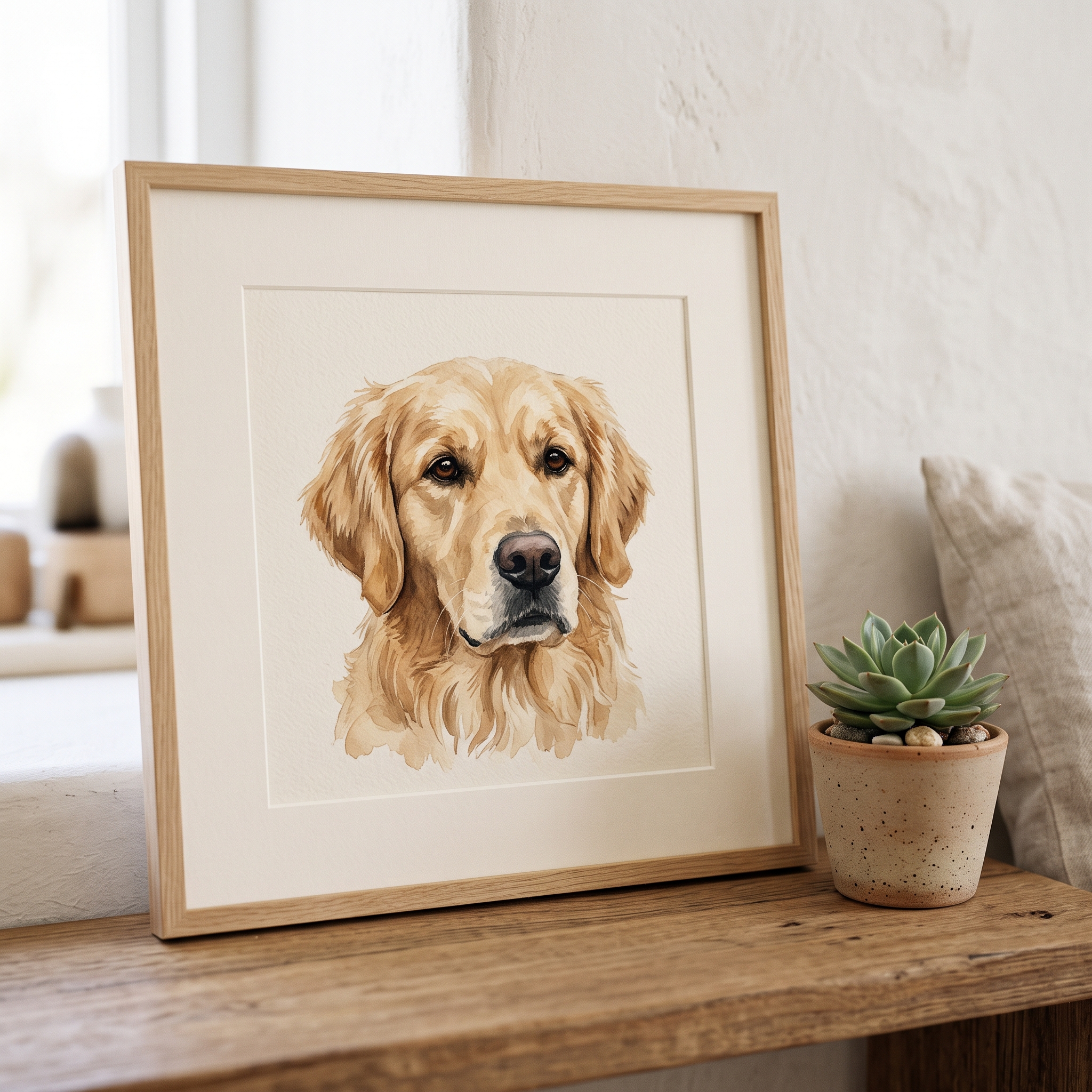 A real Etsy-listing-style close-up of a soft watercolor portrait of a golden dog, matted in a thin oak frame on a warm neutral shelf.