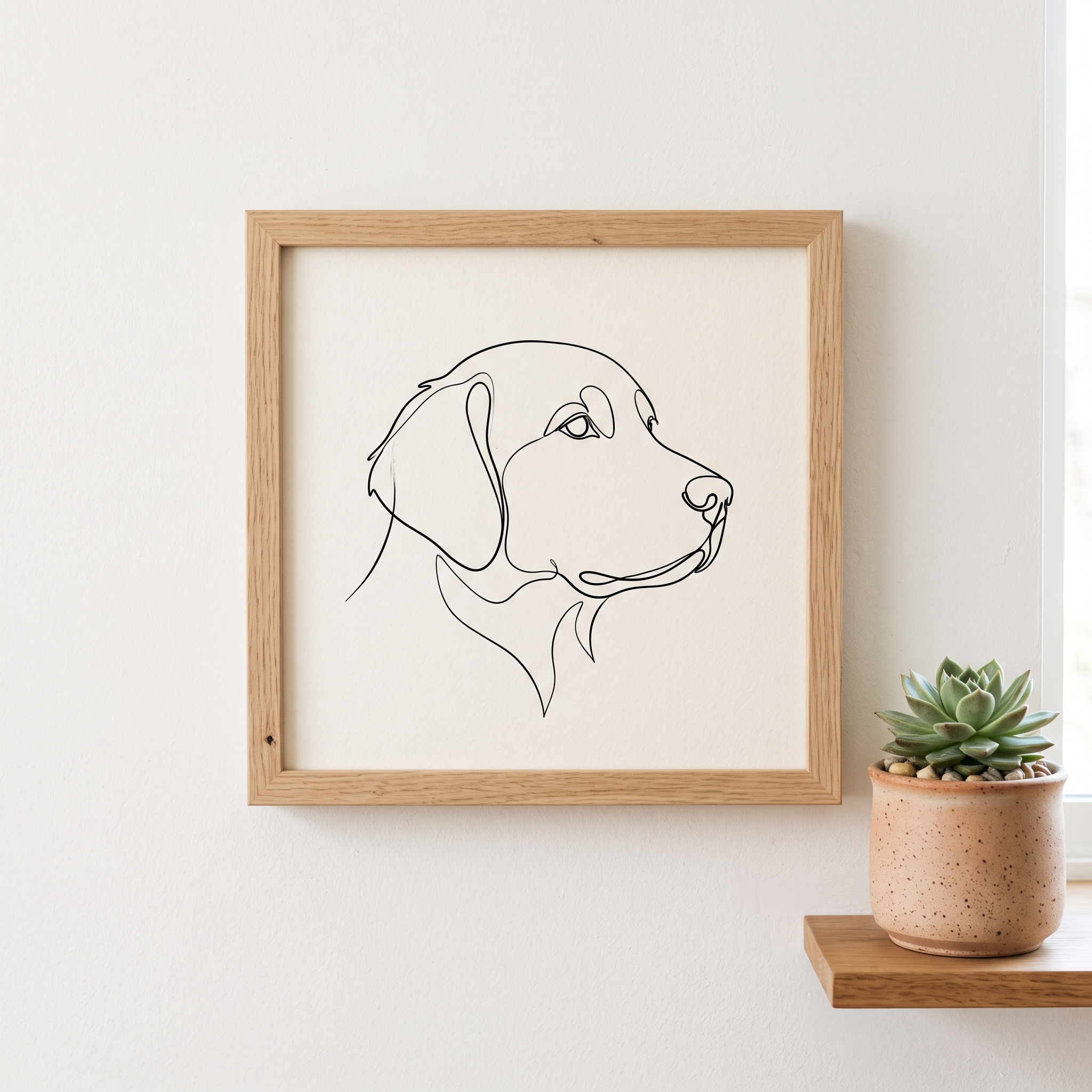 A real Etsy-listing-style close-up of a one-line continuous drawing of a dog's head in black on cream, in a slim black frame on a bright minimalist wall.