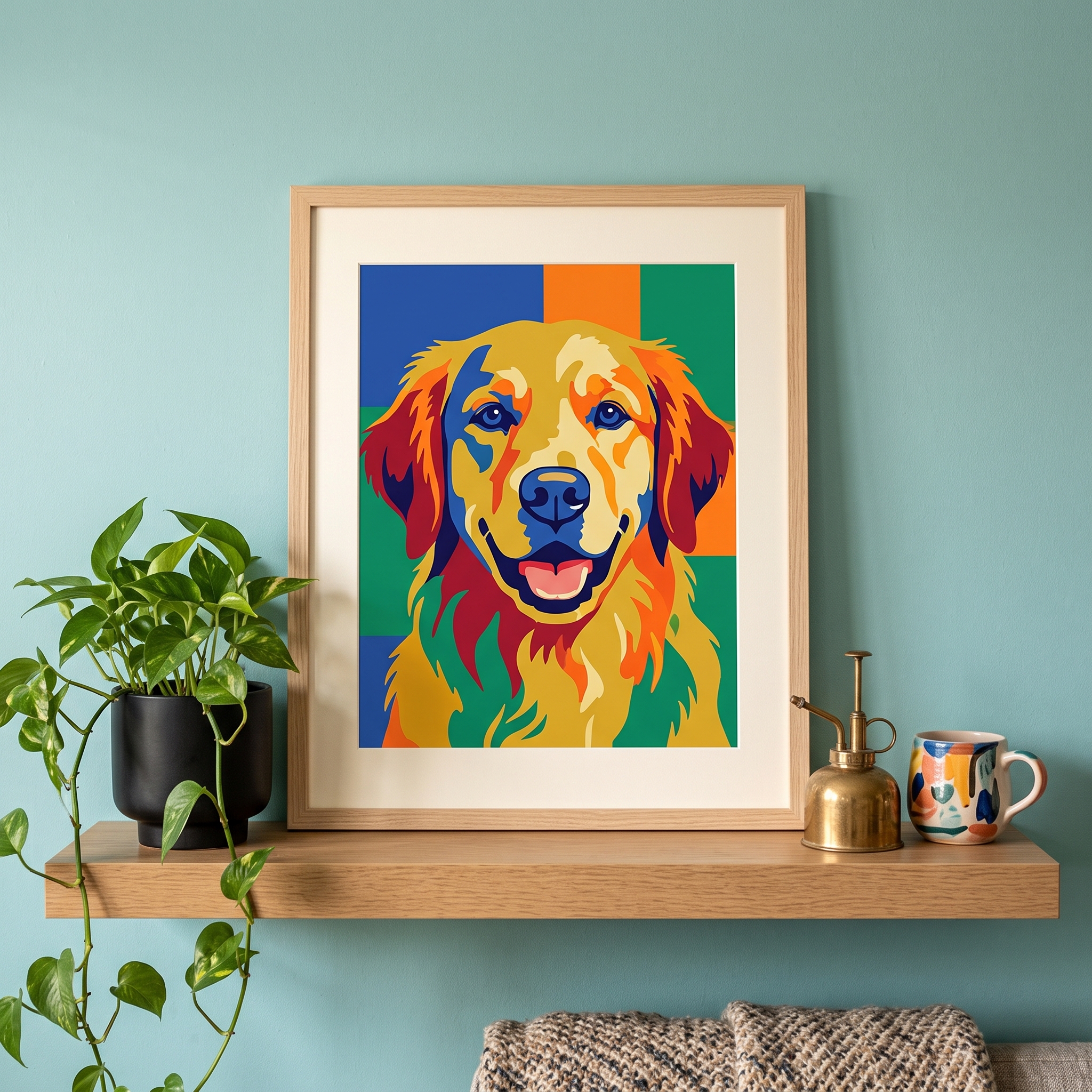 A real Etsy-listing-style close-up of a bold pop-art portrait of a dog in bright flat color blocks, framed on a colorful styled shelf.