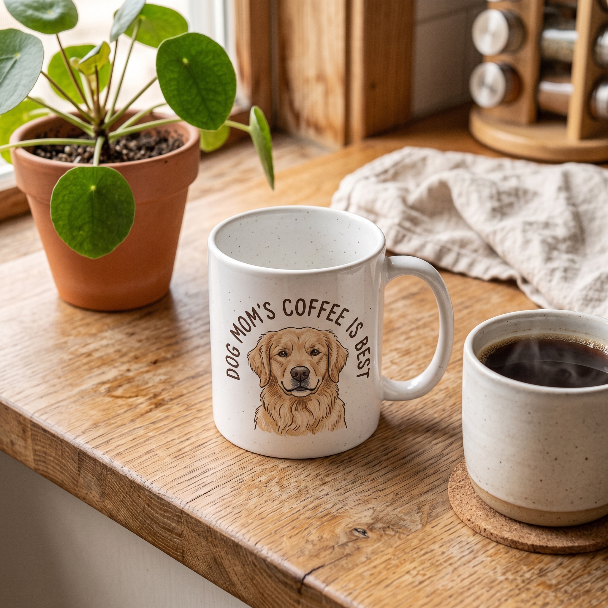 A real Etsy-listing-style photo of a mug printed with a cute illustrated dog and a small caption, styled on a kitchen counter with coffee.