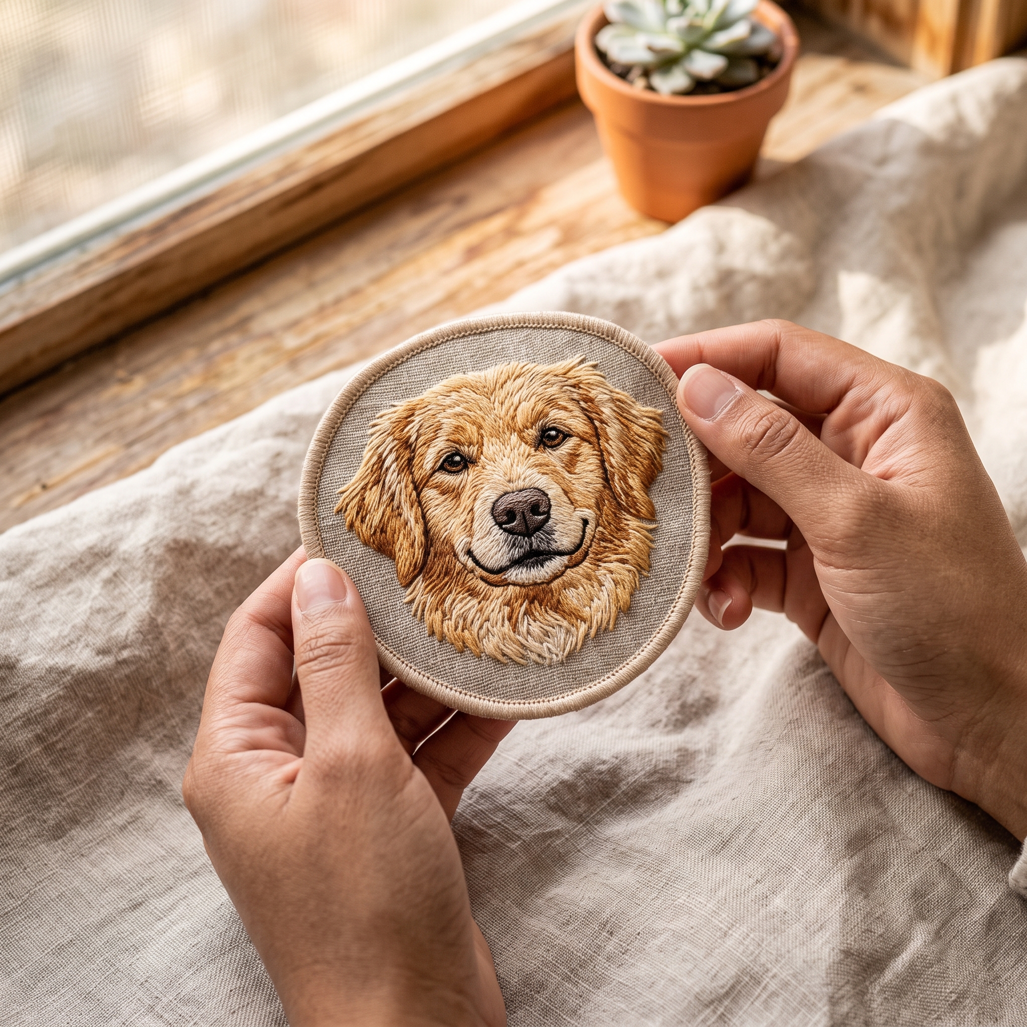 A real Etsy-listing-style close-up of an embroidered patch of a dog's face in stitched thread on a fabric background, held in hand.
