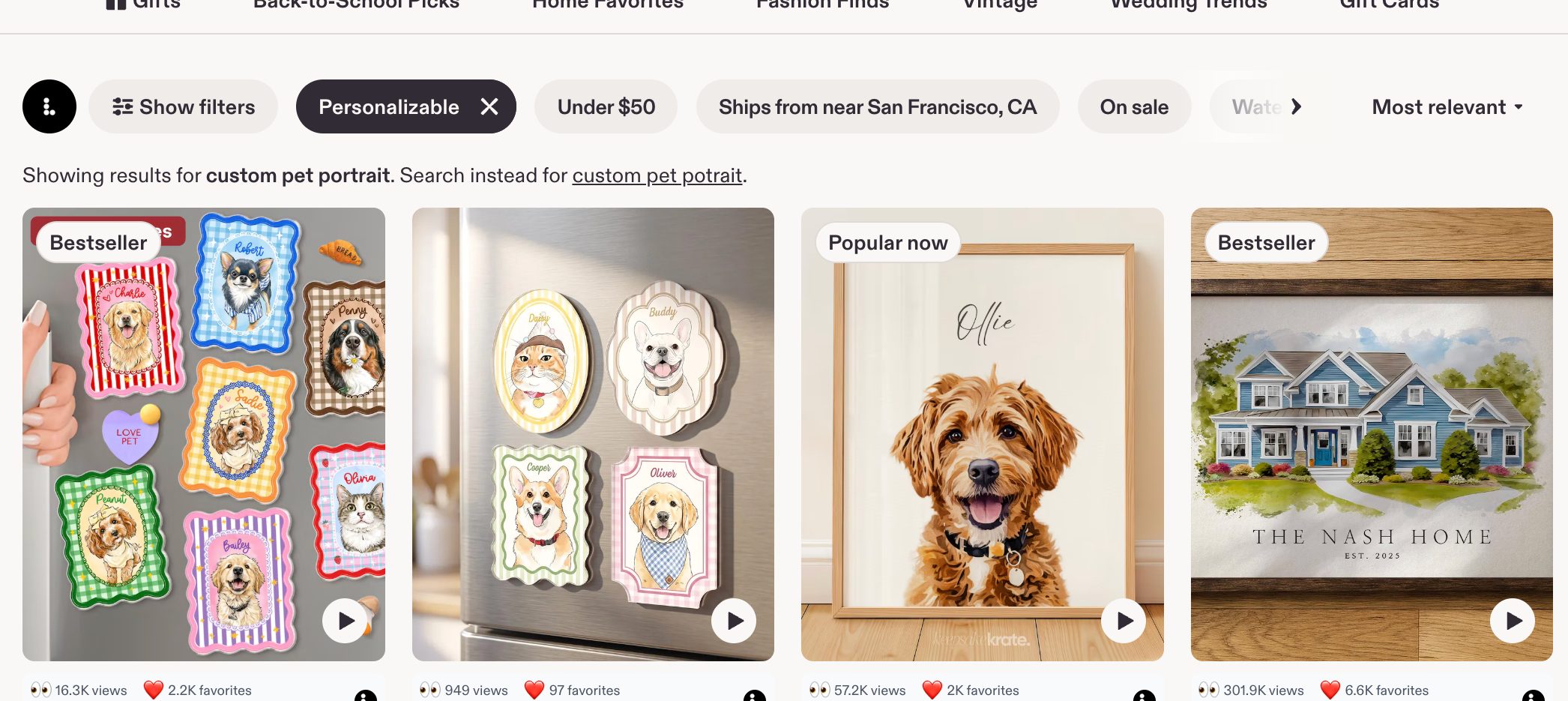 A row of Etsy pet product listings with the Listadum browser extension showing views and favorites on each card.