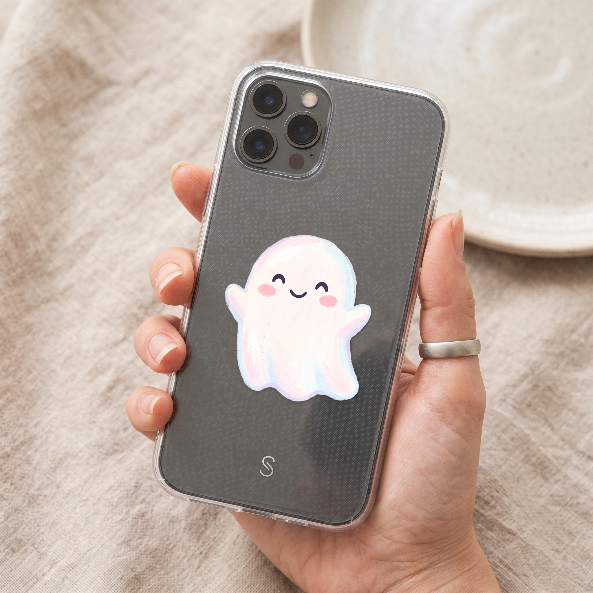 A real Etsy-listing-style clear phone case with a small whimsical illustrated character, held in a hand against a soft neutral background.