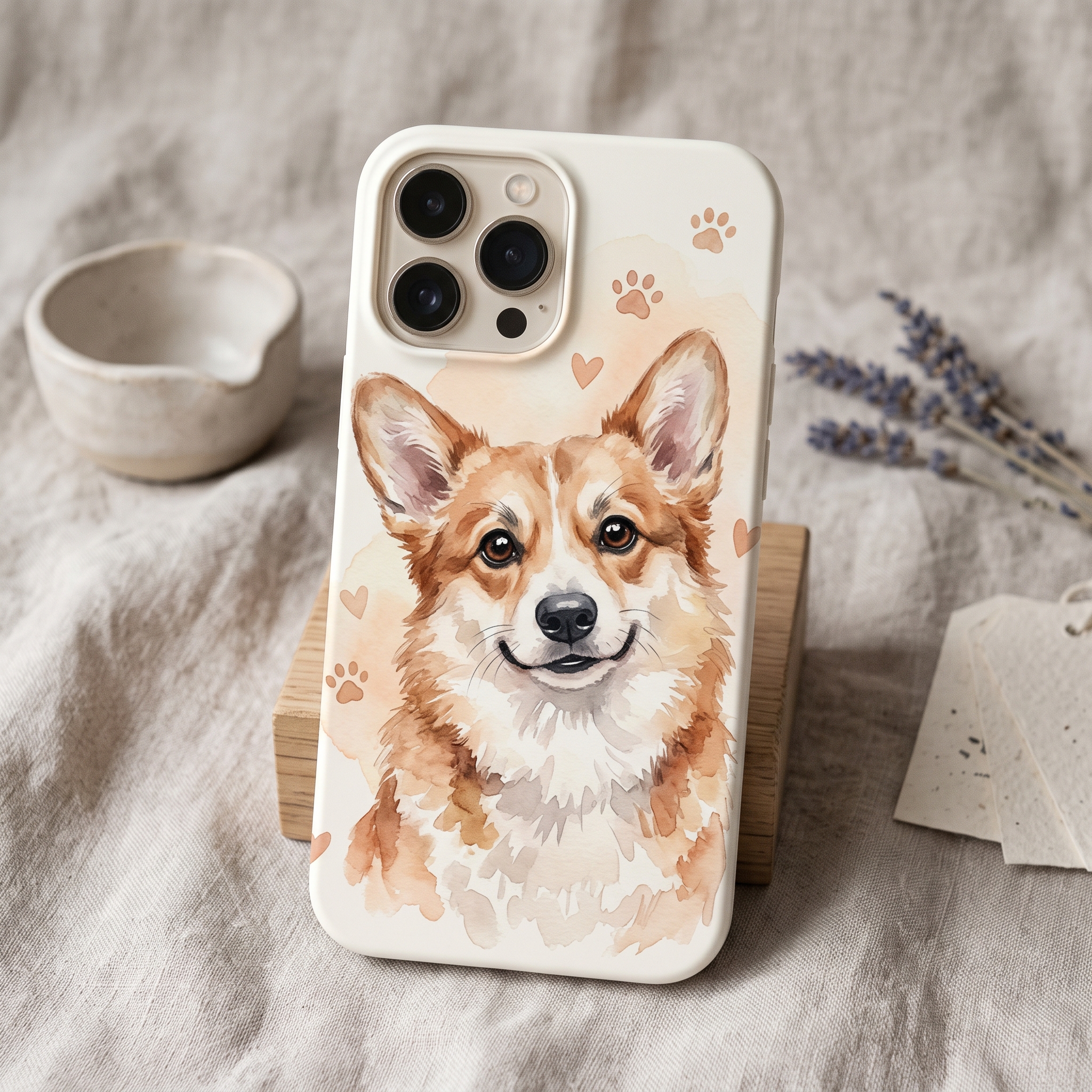 A real Etsy-listing-style phone case with a single characterful illustrated animal, propped on a clean neutral surface in soft daylight.
