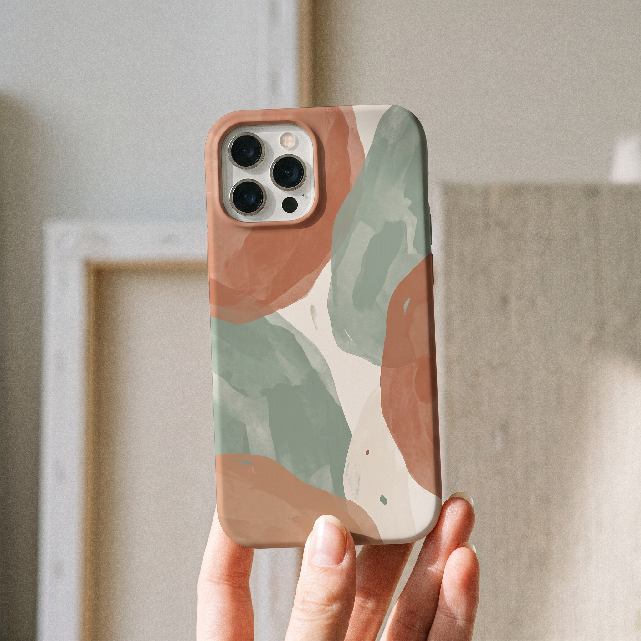 A real Etsy-listing-style phone case with a moody abstract shapes-and-color design, held up in soft natural light.