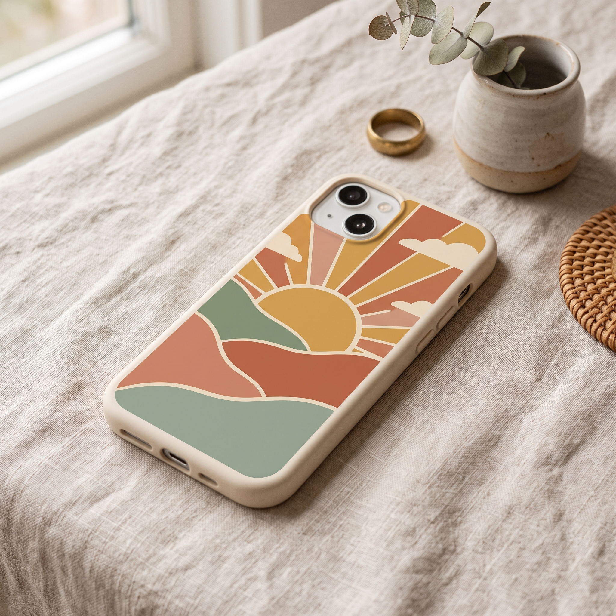 A real Etsy-listing-style phone case with a simple illustrated nature scene of rolling hills and a sun, on a neutral styled surface.