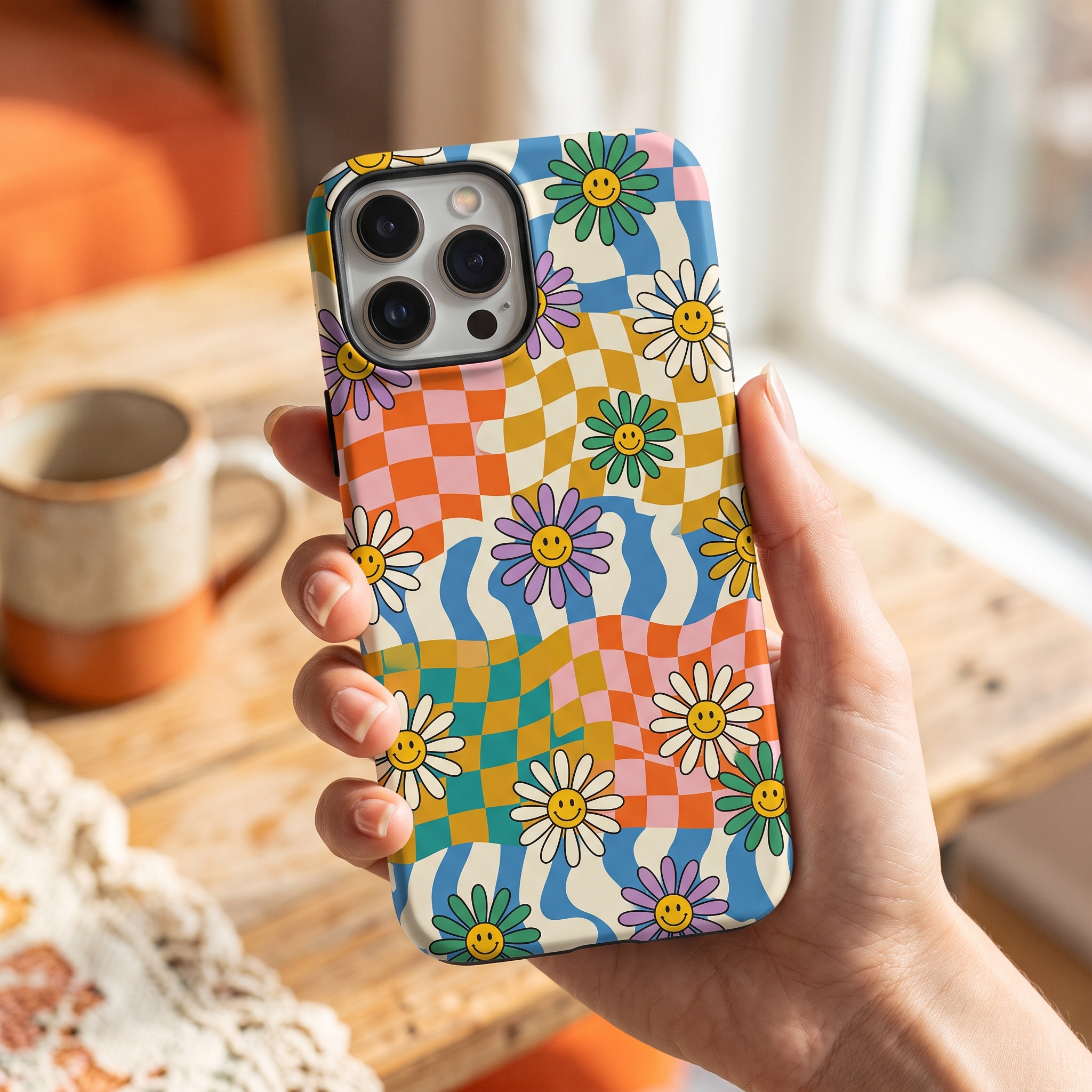A real Etsy-listing-style phone case with a bold retro checkerboard-and-daisy repeating pattern, held against a bright background.